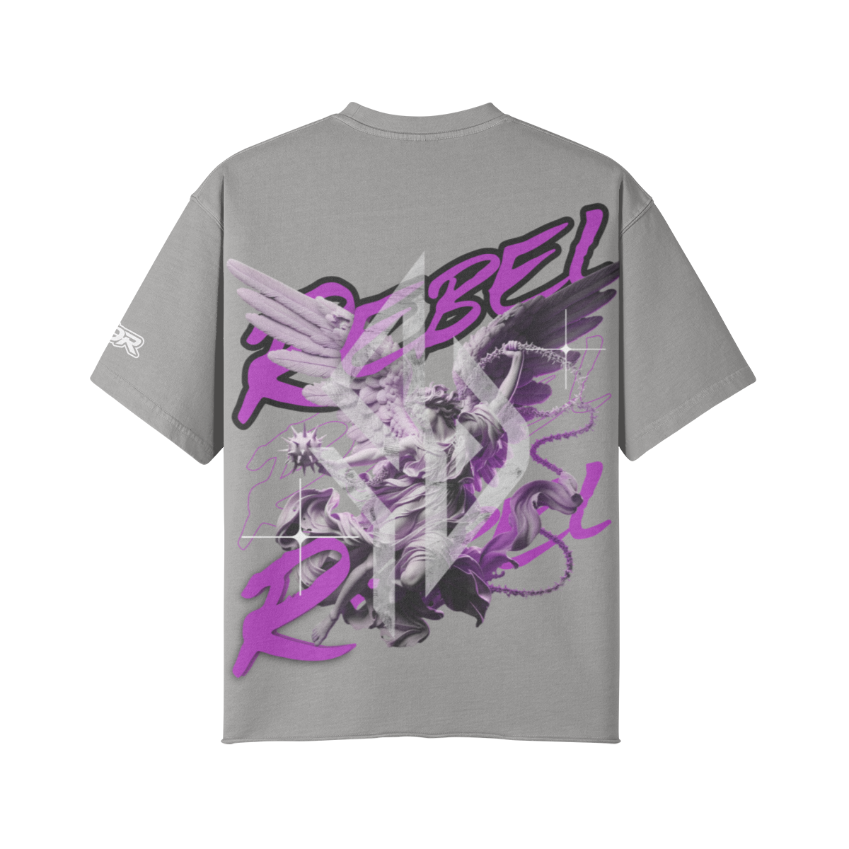 VESTR ANGEL SHIRT – Vintage Oversized Tee in Hellgrau, Rückseite, Engel mit REBEL in Violett von SUÐR