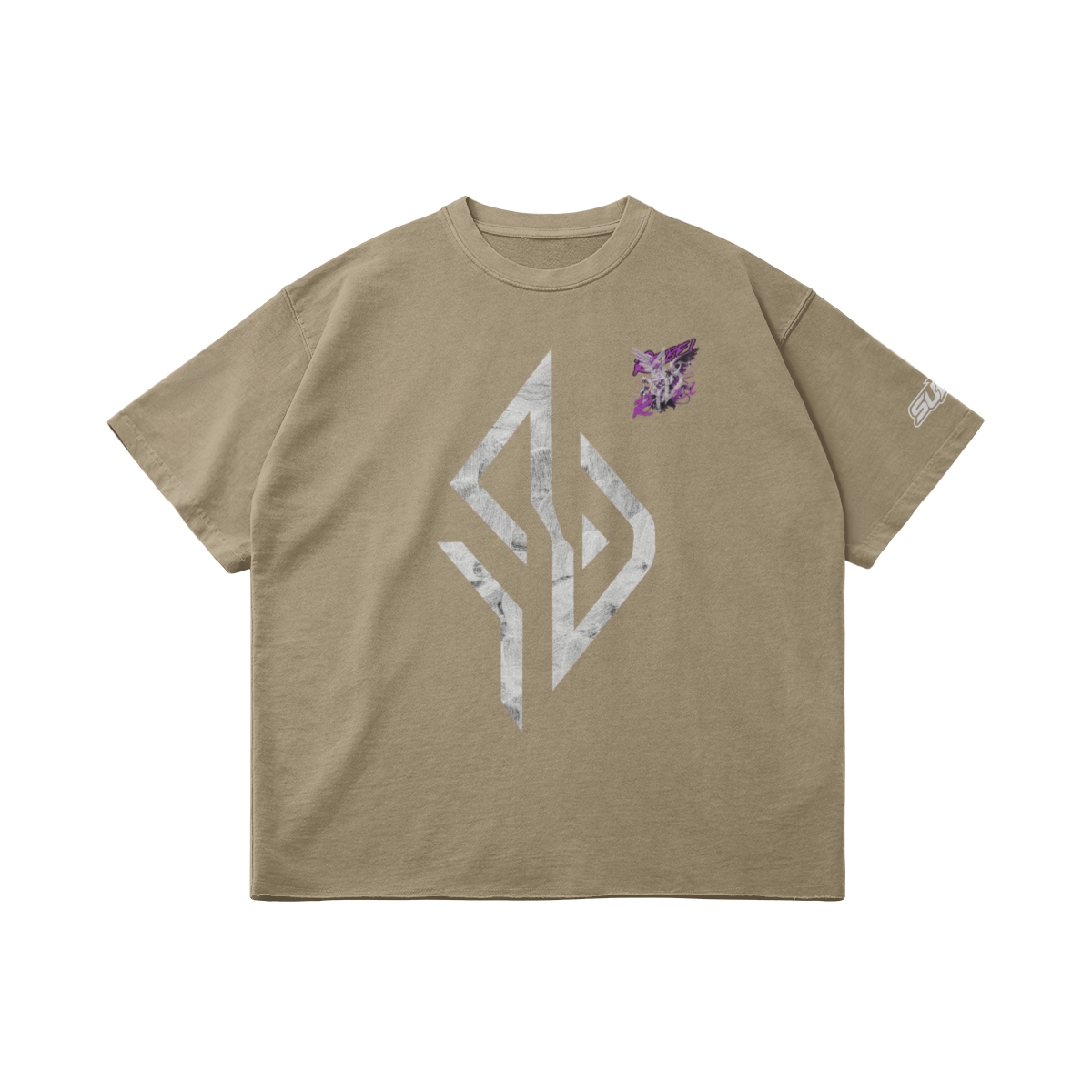 VESTR ANGEL SHIRT – Vintage Oversized Tee in Khaki, Vorderseite liegend, Emblem in Marmor und kleiner Engel auf der Brust