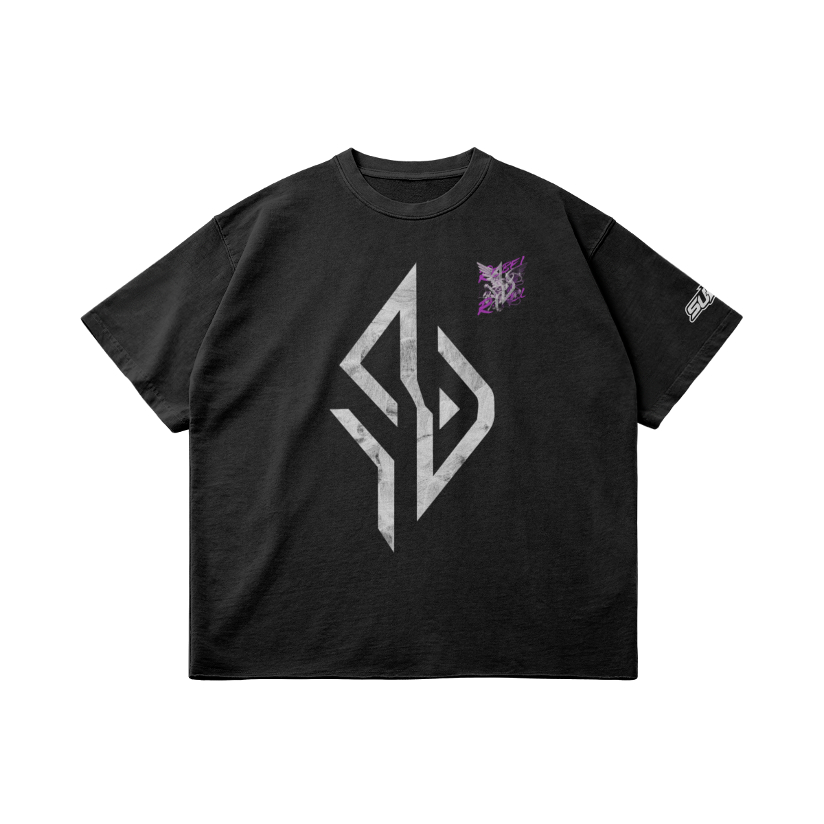 VESTR ANGEL SHIRT – Vintage Oversized Tee in Faded Black, Vorderseite liegend, Emblem in Marmor und kleiner Engel auf der Brust