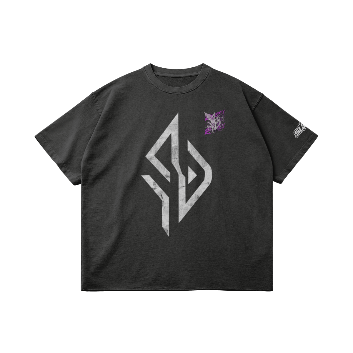 VESTR ANGEL SHIRT – Vintage Oversized Tee in Dunkelgrau, Vorderseite liegend, Emblem in Marmor und kleiner Engel auf der Brust