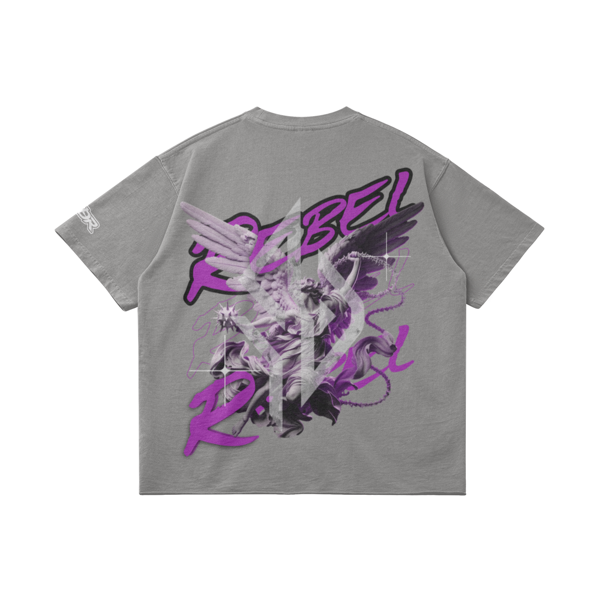 VESTR ANGEL SHIRT – Vintage Oversized Tee in Hellgrau, Rückseite liegend, Engel mit REBEL in Violett von SUÐR