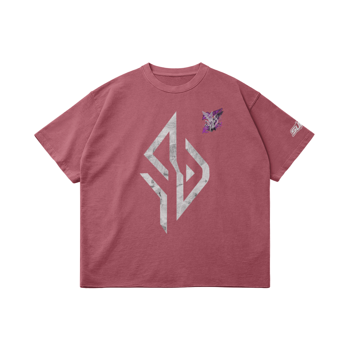 VESTR ANGEL SHIRT – Vintage Oversized Tee in Cameo Brown, Vorderseite liegend, Emblem in Marmor und kleiner Engel auf der Brust
