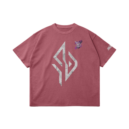 VESTR ANGEL SHIRT – Vintage Oversized Tee in Cameo Brown, Vorderseite liegend, Emblem in Marmor und kleiner Engel auf der Brust