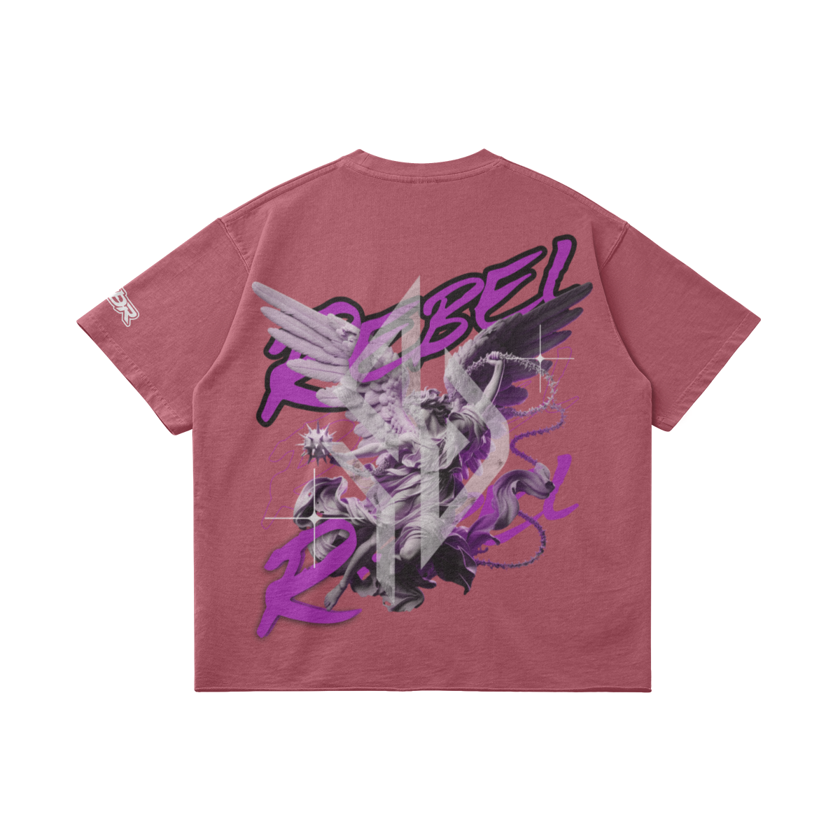 VESTR ANGEL SHIRT – Vintage Oversized Tee in Cameo Brown, Rückseite liegend, Engel mit REBEL in Violett von SUÐR
