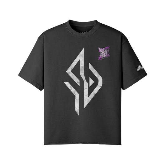 VESTR ANGEL SHIRT – Vintage Oversized Tee in Faded Black, SUÐR-Emblem in Marmor vorne