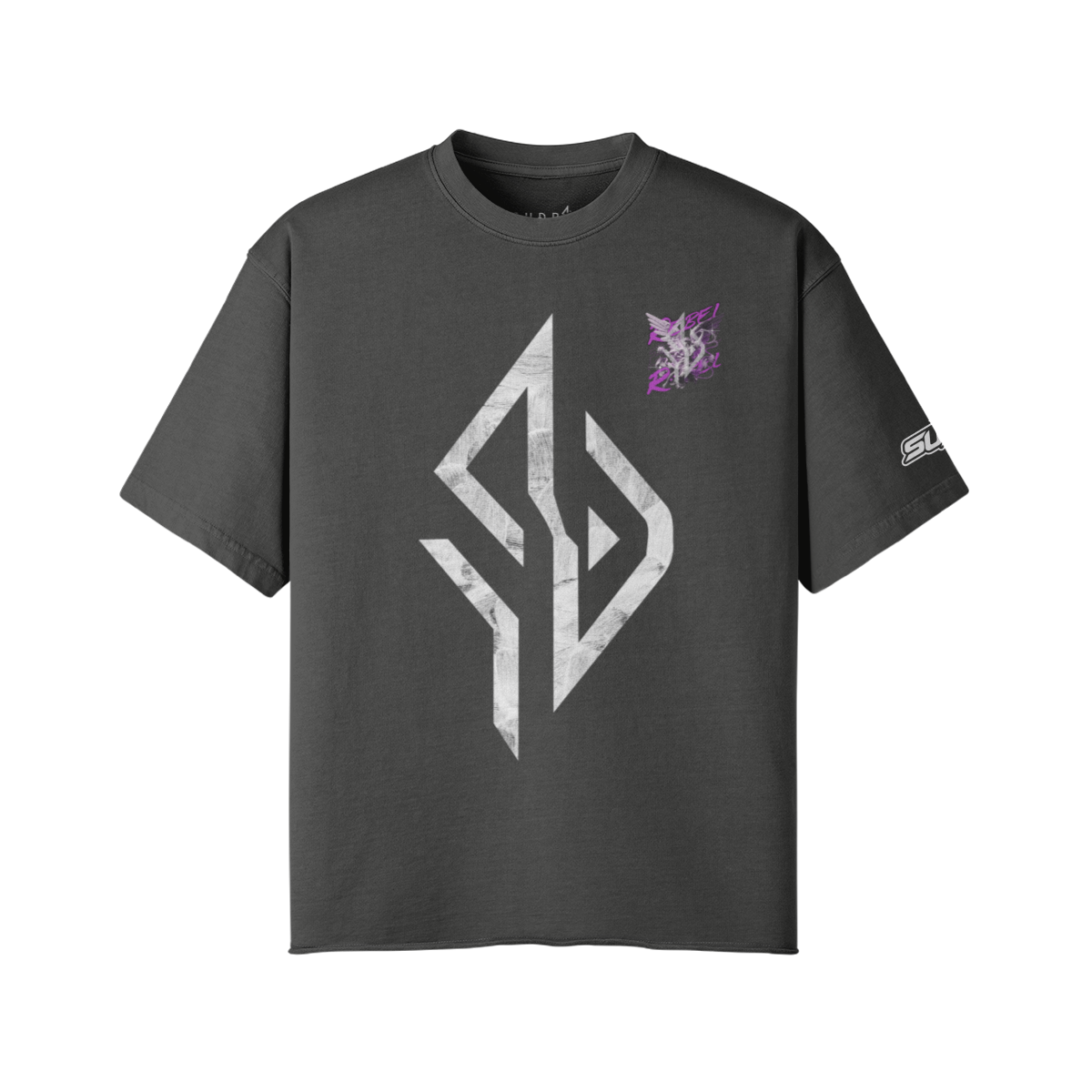 VESTR ANGEL SHIRT – Vintage Oversized Tee in Dunkelgrau, SUÐR-Emblem in Marmor vorne