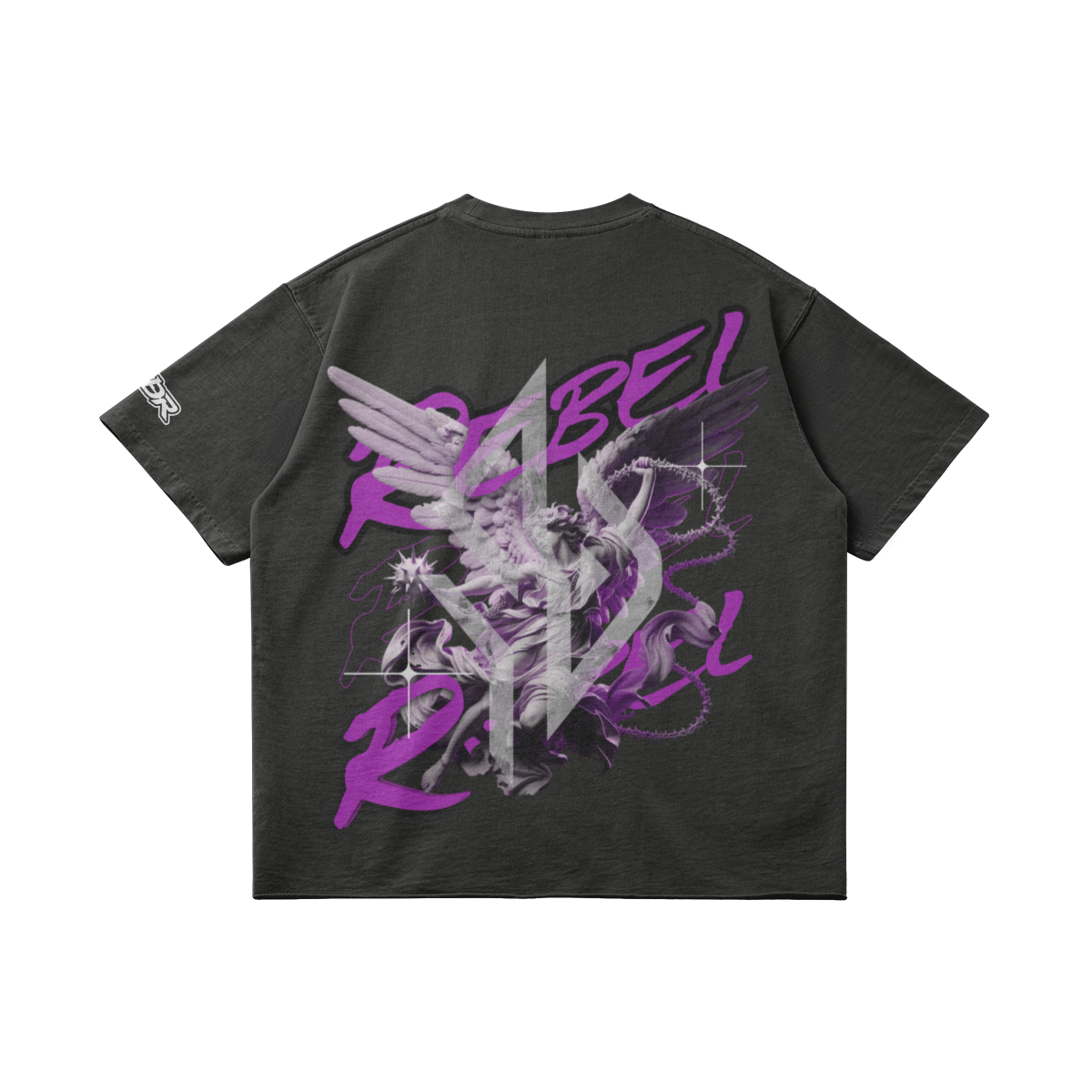 VESTR ANGEL SHIRT – Vintage Oversized Tee in Dunkelgrau, Rückseite liegend, Engel mit REBEL in Violett von SUÐR