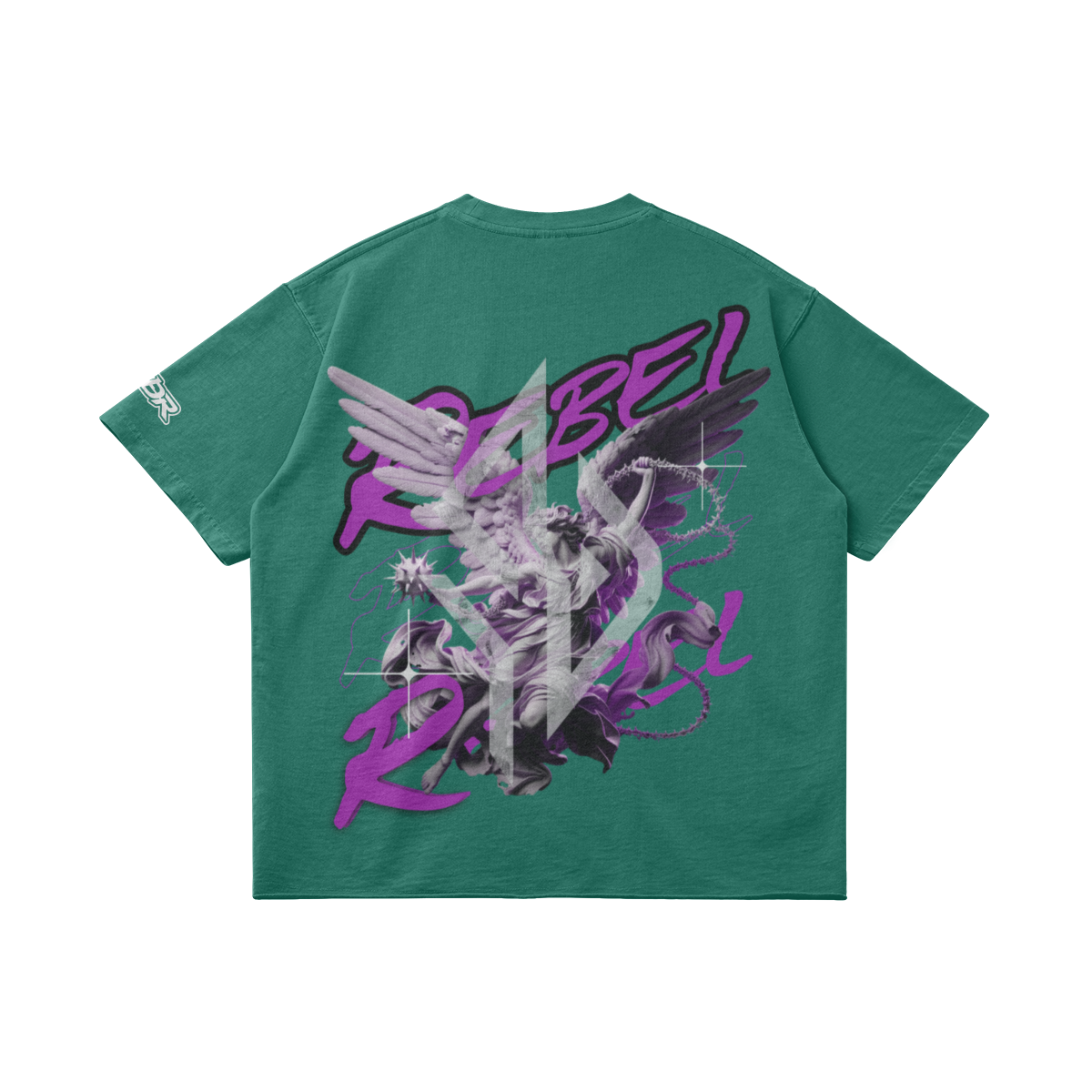 VESTR ANGEL SHIRT – Vintage Oversized Tee in Wintergreen Dream, Rückseite liegend, Engel mit REBEL in Violett von SUÐR