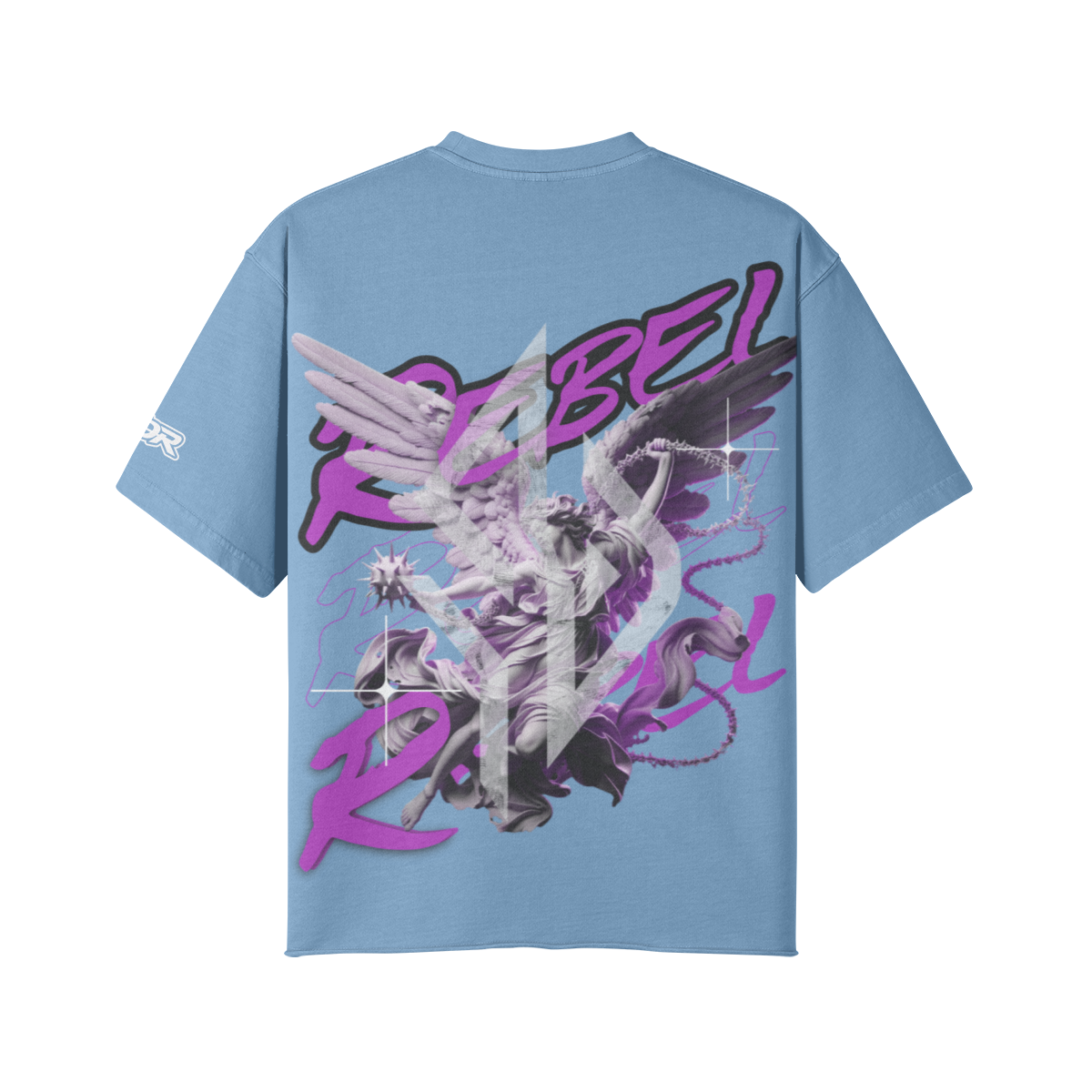 VESTR ANGEL SHIRT – Vintage Oversized Tee in Slate Blue, Rückseite, Engel mit REBEL in Violett von SUÐR
