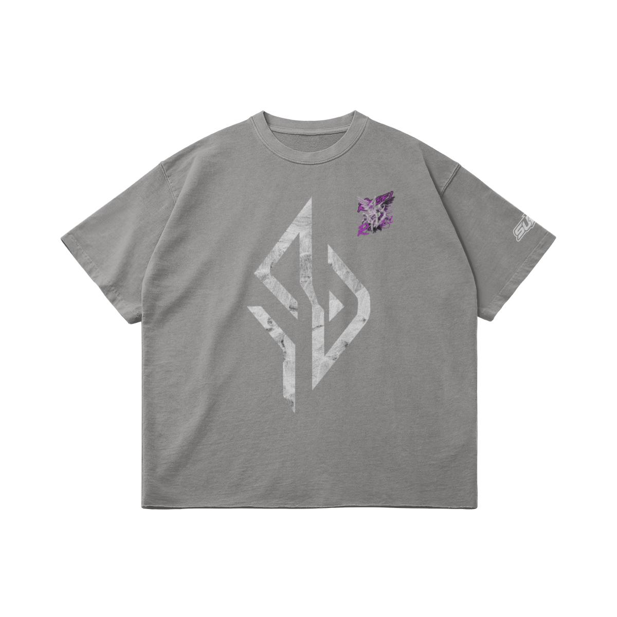 VESTR ANGEL SHIRT – Vintage Oversized Tee in Hellgrau, Vorderseite liegend, Emblem in Marmor und kleiner Engel auf der Brust