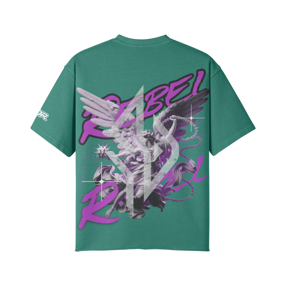 VESTR ANGEL SHIRT – Vintage Oversized Tee in Wintergreen Dream, Rückseite, Engel mit REBEL in Violett von SUÐR