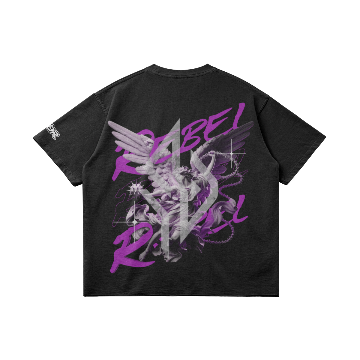 VESTR ANGEL SHIRT – Vintage Oversized Tee in Faded Black, Rückseite liegend, Engel mit REBEL in Violett von SUÐR
