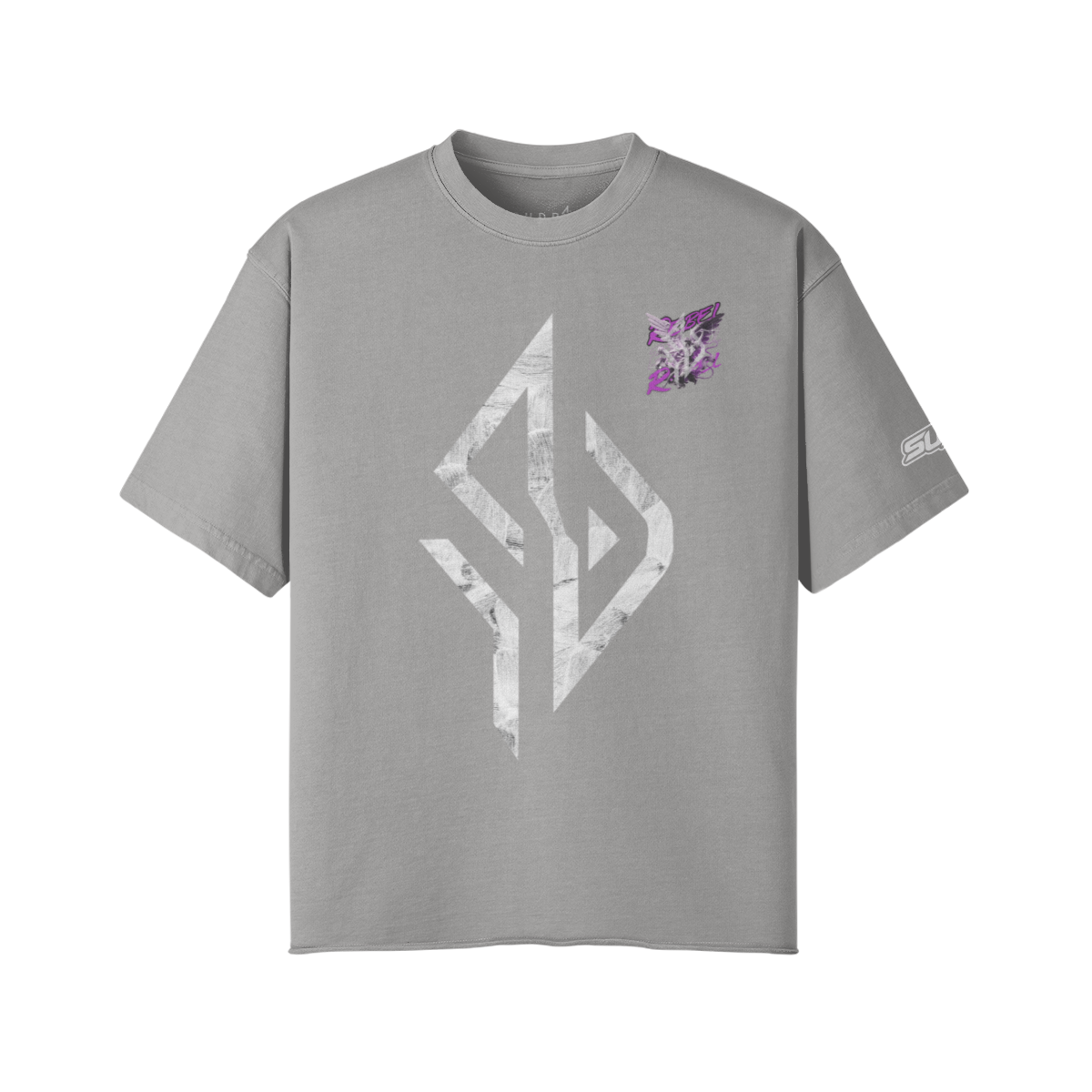 VESTR ANGEL SHIRT – Vintage Oversized Tee in Hellgrau, SUÐR-Emblem in Marmor vorne