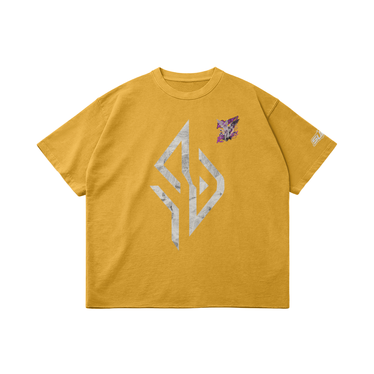 VESTR ANGEL SHIRT – Vintage Oversized Tee in Vintage Yellow, Vorderseite liegend, Emblem in Marmor und kleiner Engel auf der Brust