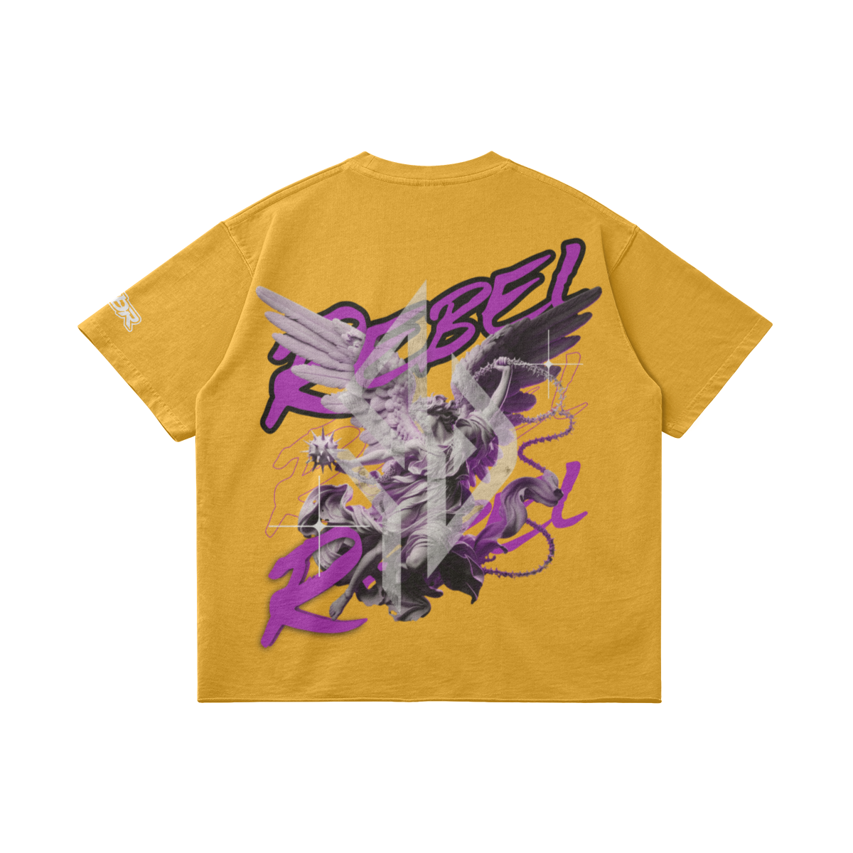 VESTR ANGEL SHIRT – Vintage Oversized Tee in Vintage Yellow, Rückseite liegend, Engel mit REBEL in Violett von SUÐR