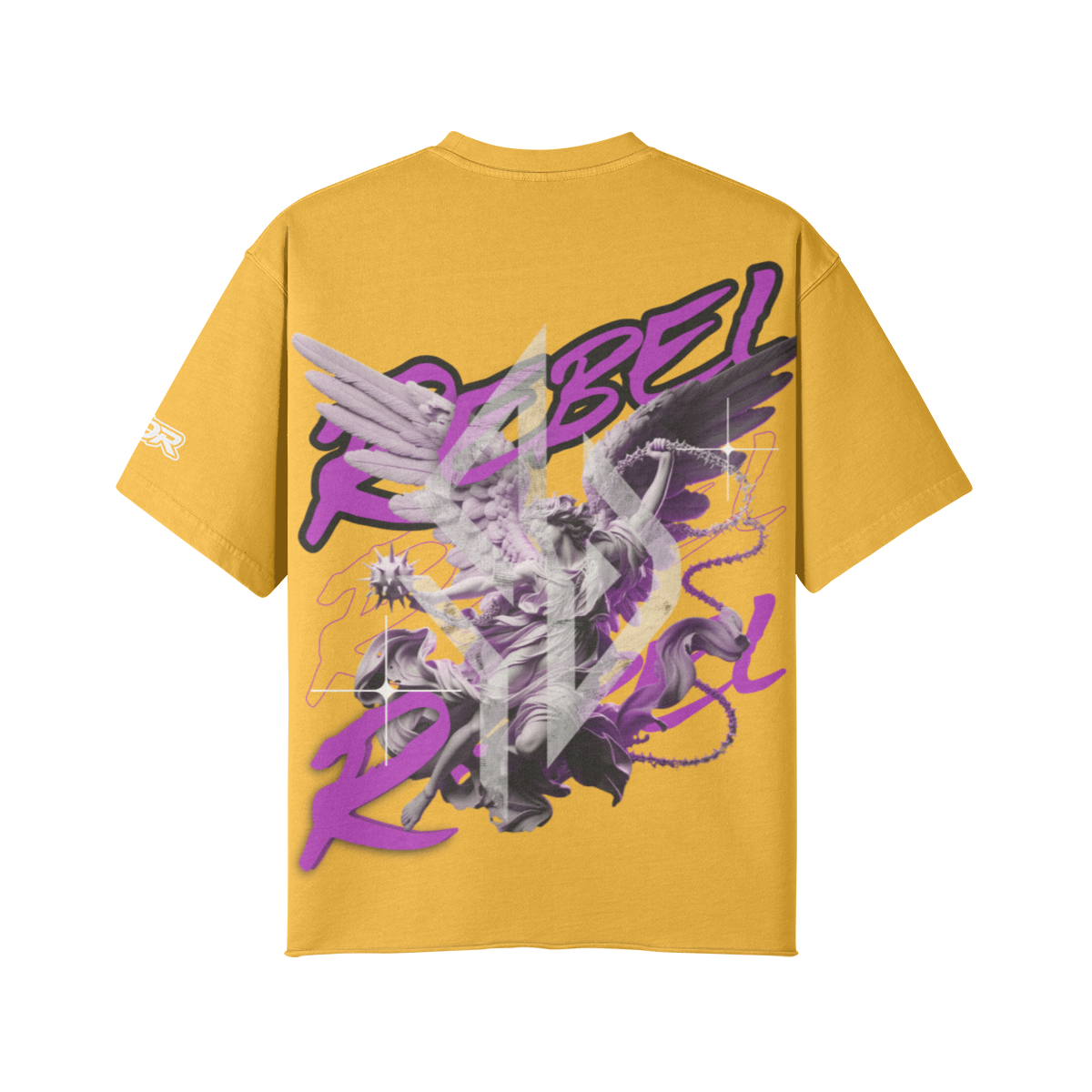 VESTR ANGEL SHIRT – Vintage Oversized Tee in Vintage Yellow, Rückseite, Engel mit REBEL in Violett von SUÐR