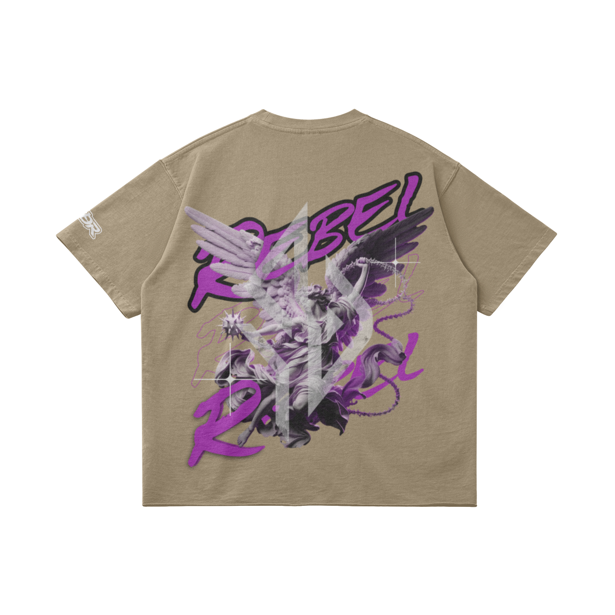 VESTR ANGEL SHIRT – Vintage Oversized Tee in Khaki, Rückseite liegend, Engel mit REBEL in Violett von SUÐR