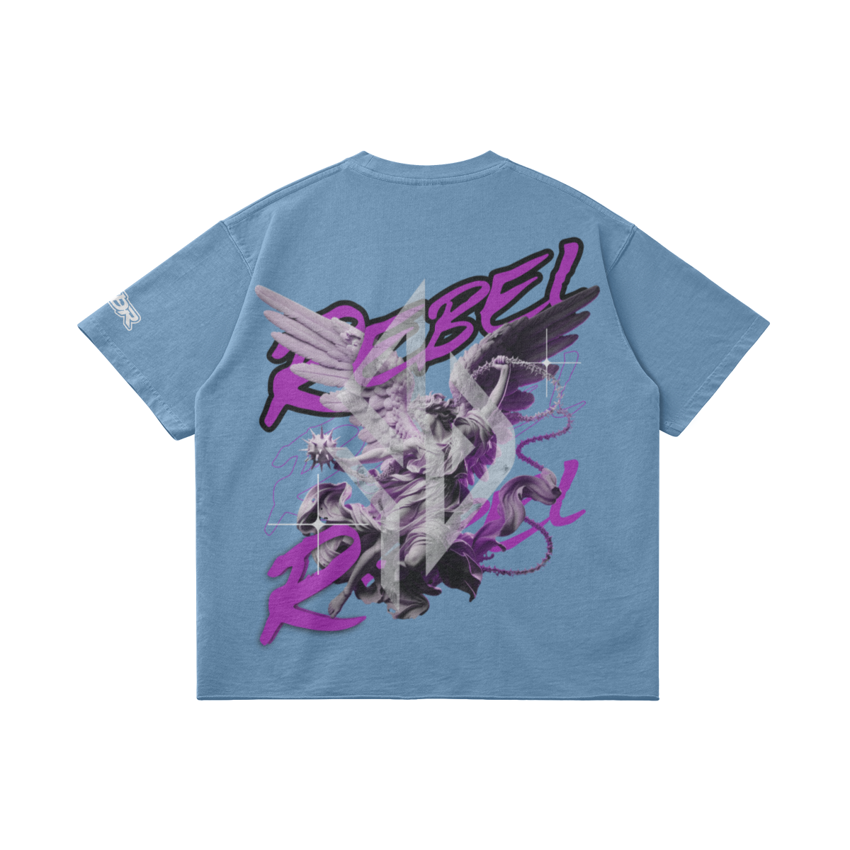 VESTR ANGEL SHIRT – Vintage Oversized Tee in Slate Blue, Rückseite liegend, Engel mit REBEL in Violett von SUÐR