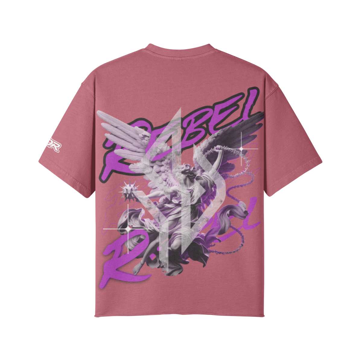 VESTR ANGEL SHIRT – Vintage Oversized Tee in Cameo Brown, Rückseite, Engel mit REBEL in Violett von SUÐR