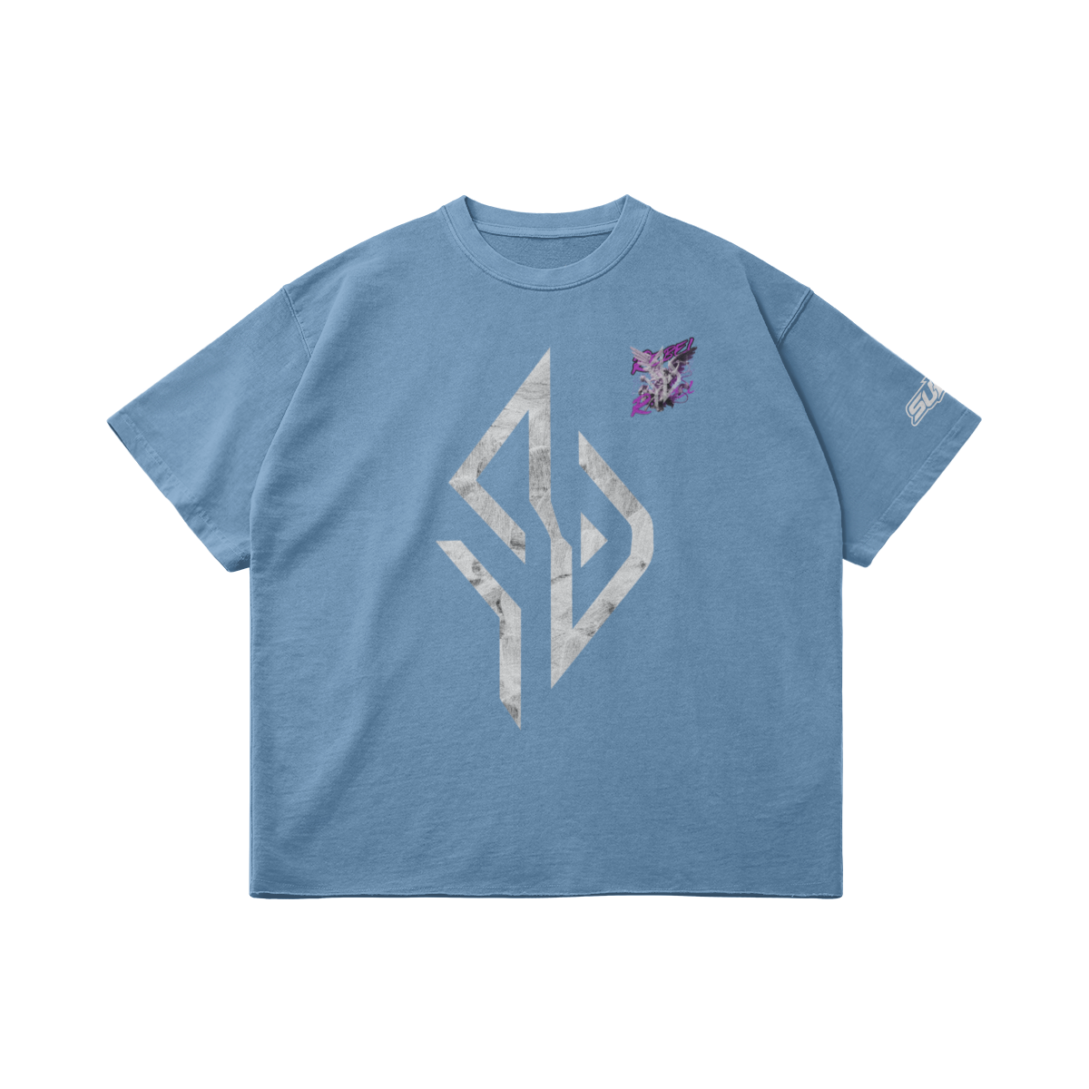 VESTR ANGEL SHIRT – Vintage Oversized Tee in Slate Blue, Vorderseite liegend, Emblem in Marmor und kleiner Engel auf der Brust