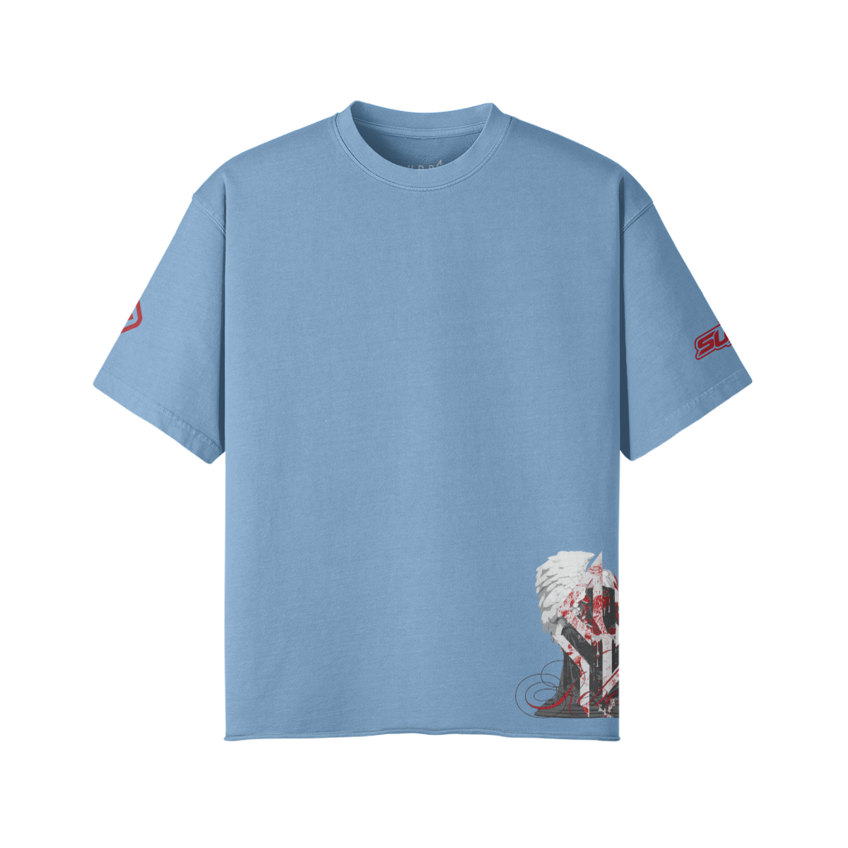 SUÐR REBELLION – Vintage Oversized Tee in Slate Blue, Vorderseite, kleiner Engel am Saum und 07 auf den Ärmeln