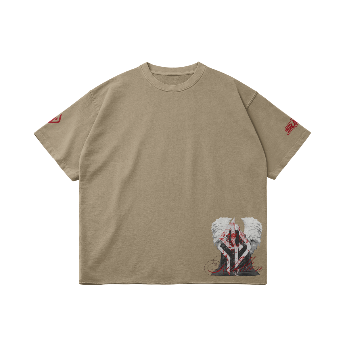 SUÐR REBELLION – Vintage Oversized Tee in Khaki, Vorderseite liegend, kleiner Engel am Saum und 07 auf den Ärmeln