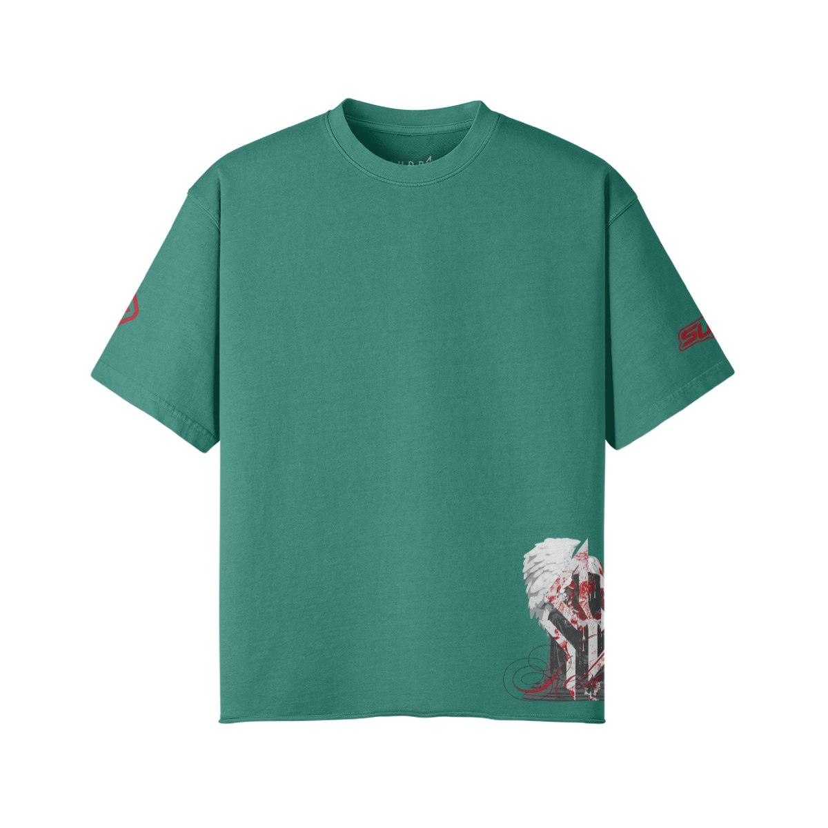 SUÐR REBELLION – Vintage Oversized Tee in Wintergreen Dream, Vorderseite, kleiner Engel am Saum und 07 auf den Ärmeln