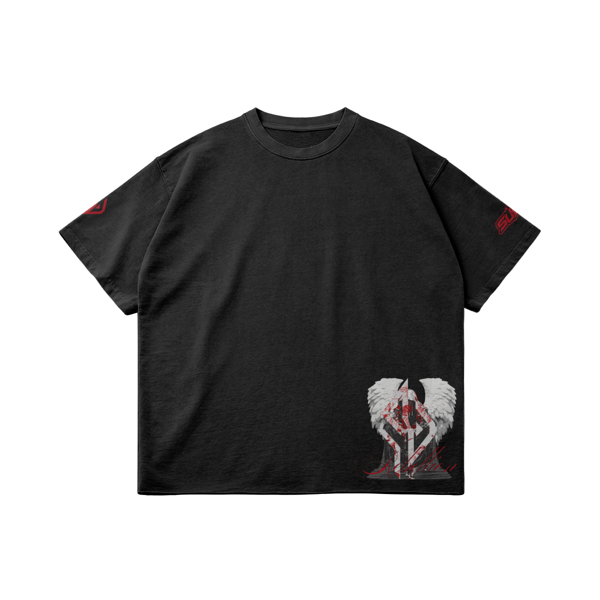 SUÐR REBELLION – Vintage Oversized Tee in Faded Black, Vorderseite liegend, kleiner Engel am Saum und 07 auf den Ärmeln