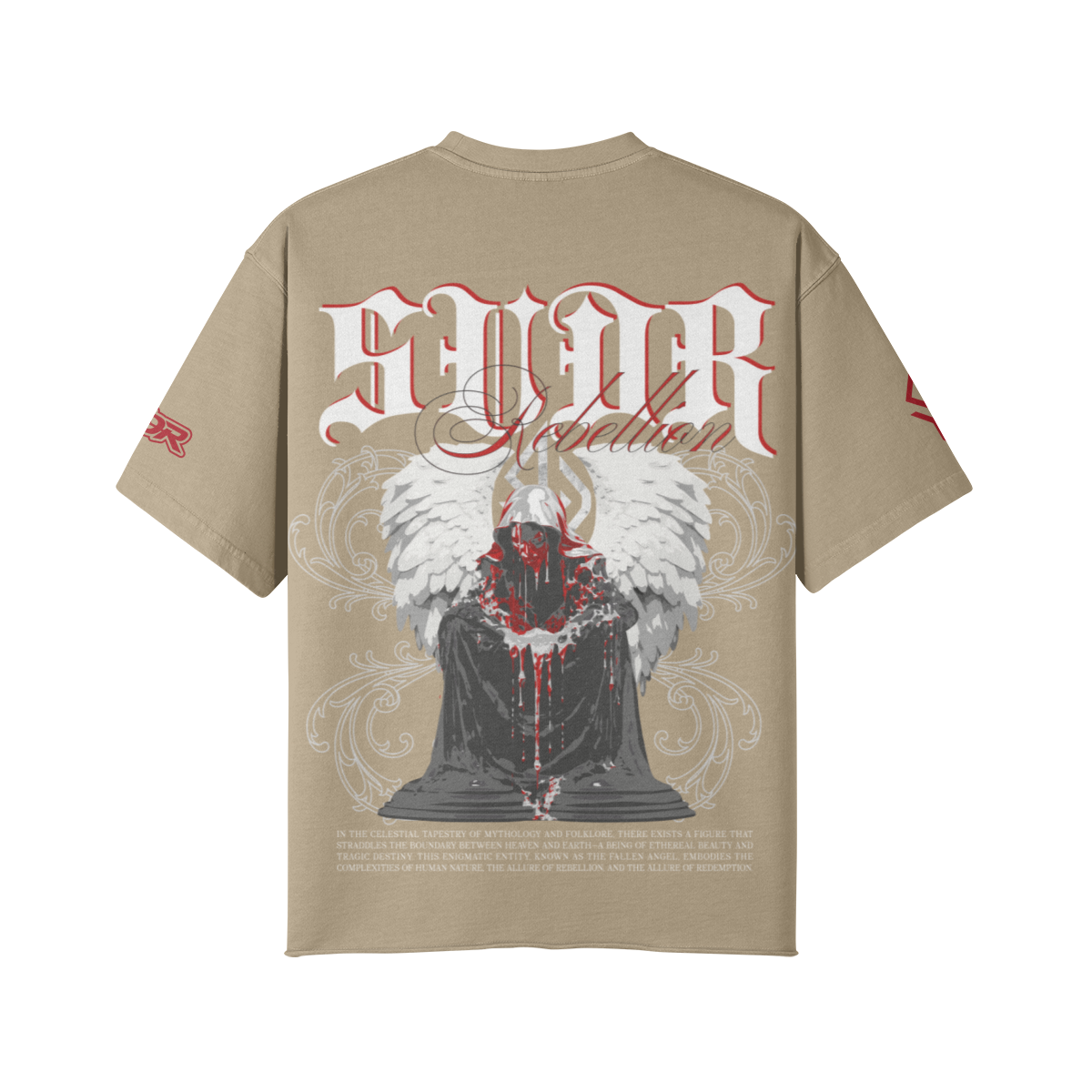 SUÐR REBELLION – Vintage Oversized Tee in Khaki, Rückseite, SUÐR in Blackletter über dem knienden Engel in Rot