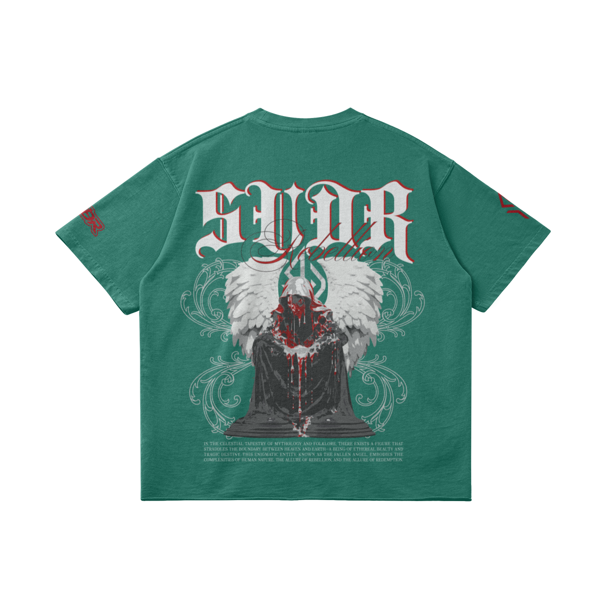 SUÐR REBELLION – Vintage Oversized Tee in Wintergreen Dream, Rückseite liegend, SUÐR in Blackletter über dem knienden Engel in Rot
