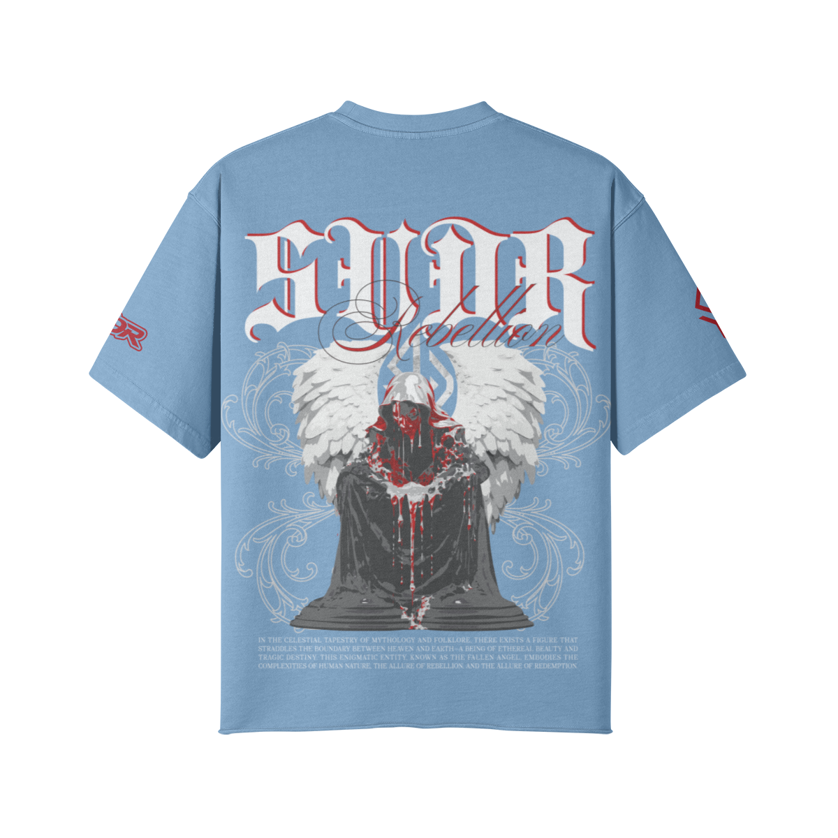 SUÐR REBELLION – Vintage Oversized Tee in Slate Blue, Rückseite, SUÐR in Blackletter über dem knienden Engel in Rot