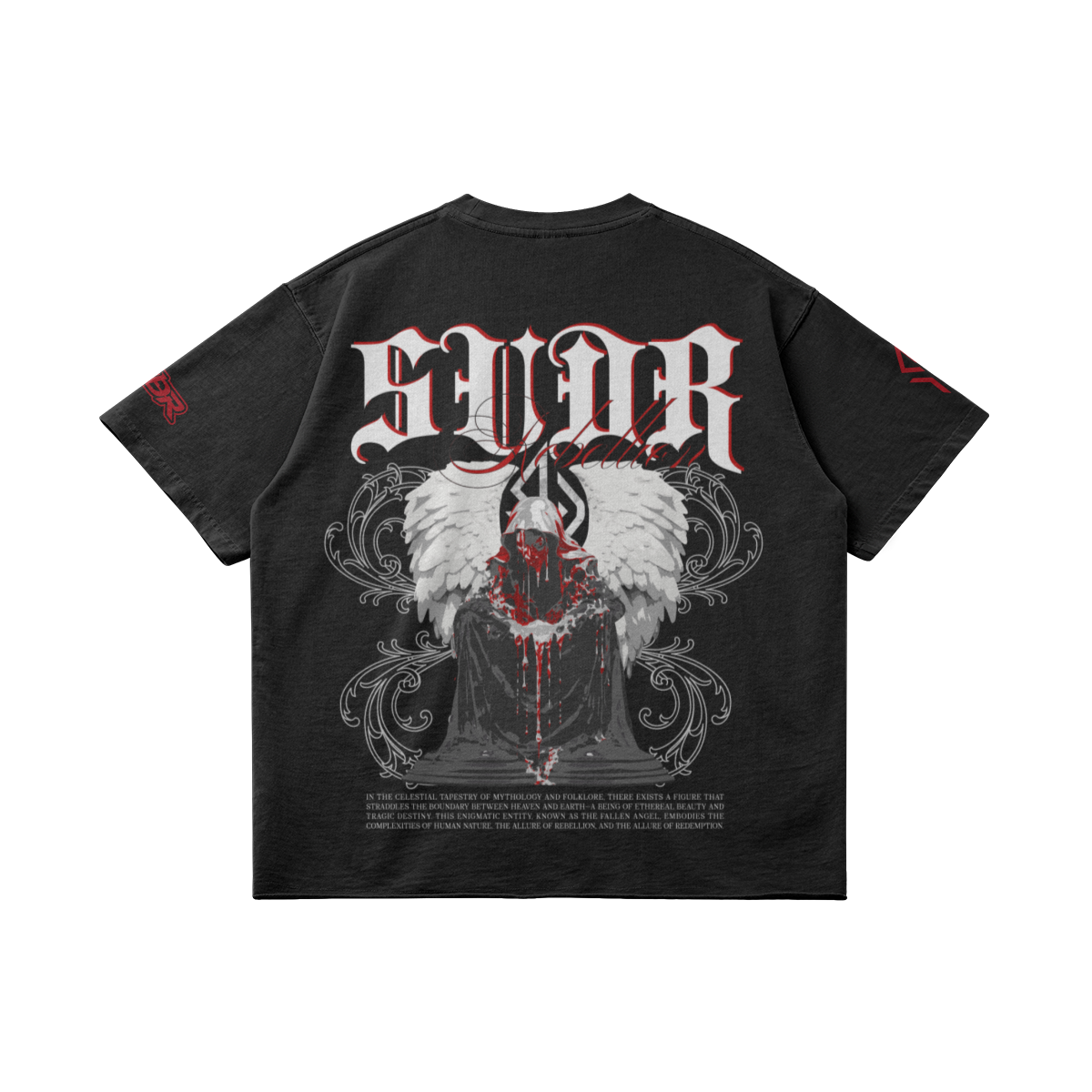 SUÐR REBELLION – Vintage Oversized Tee in Faded Black, Rückseite liegend, SUÐR in Blackletter über dem knienden Engel in Rot
