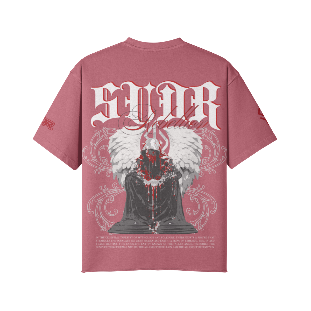 SUÐR REBELLION – Vintage Oversized Tee in Cameo Brown, Rückseite, SUÐR in Blackletter über dem knienden Engel in Rot