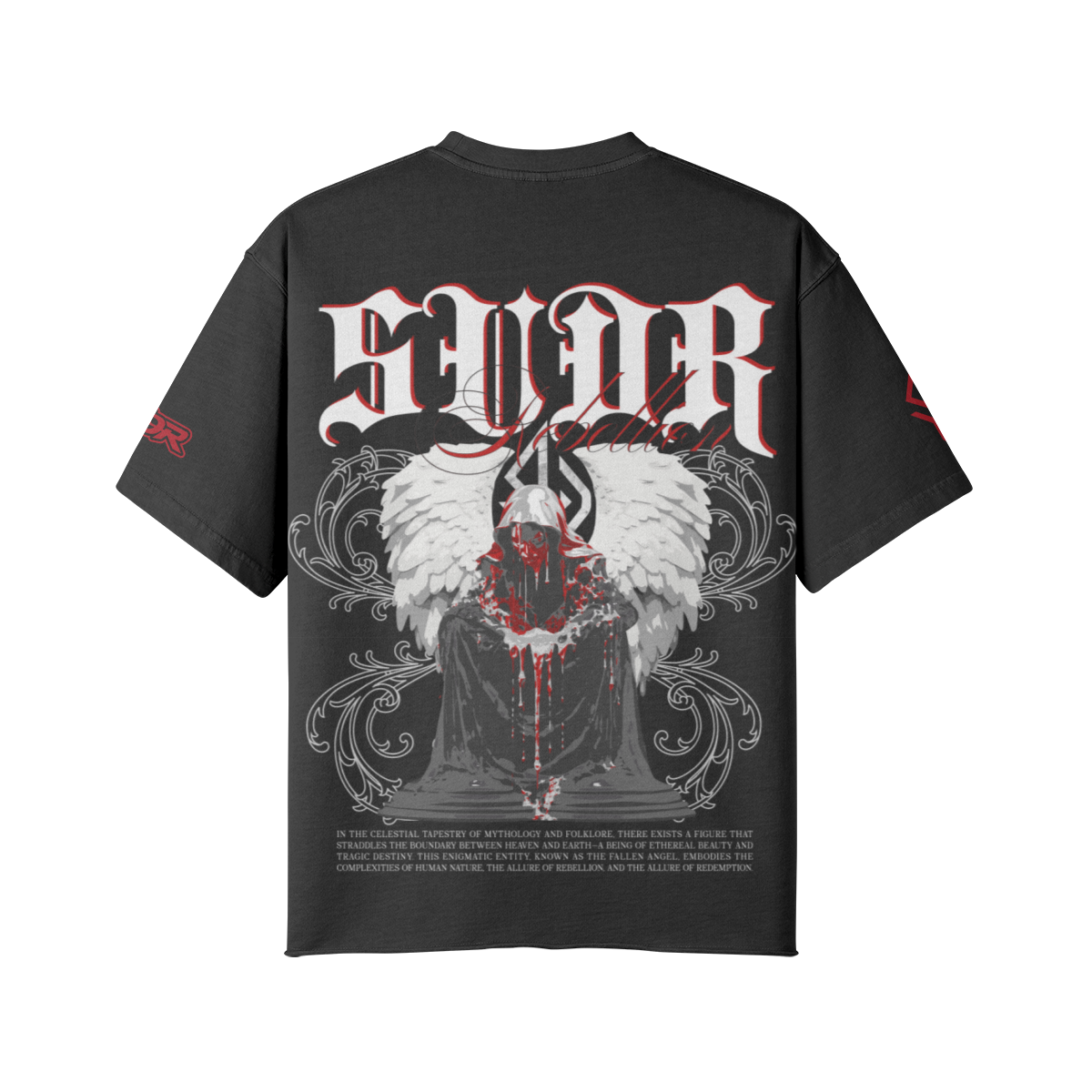 SUÐR REBELLION – Vintage Oversized Tee in Faded Black, Rückseite, SUÐR in Blackletter über dem knienden Engel in Rot
