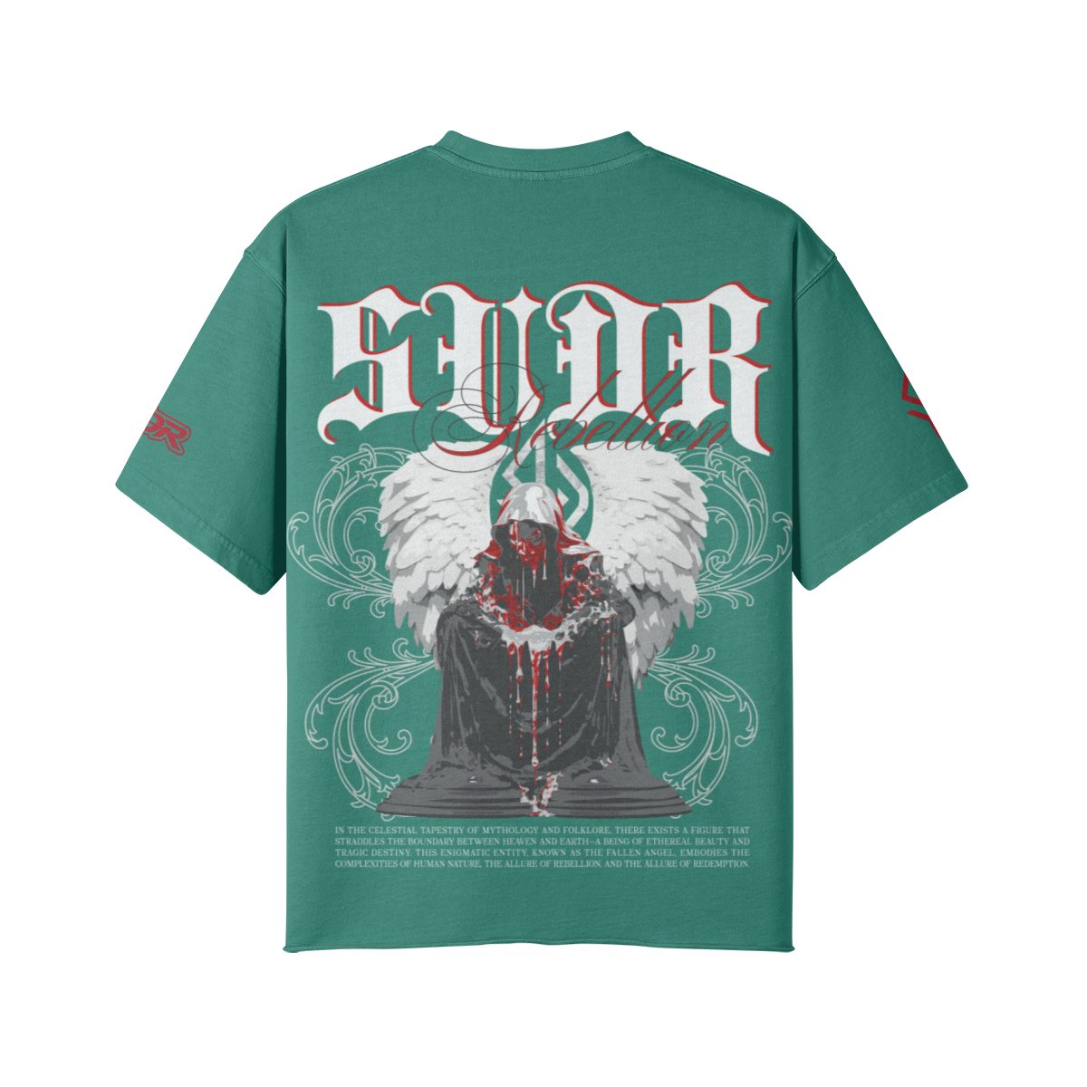 SUÐR REBELLION – Vintage Oversized Tee in Wintergreen Dream, Rückseite, SUÐR in Blackletter über dem knienden Engel in Rot