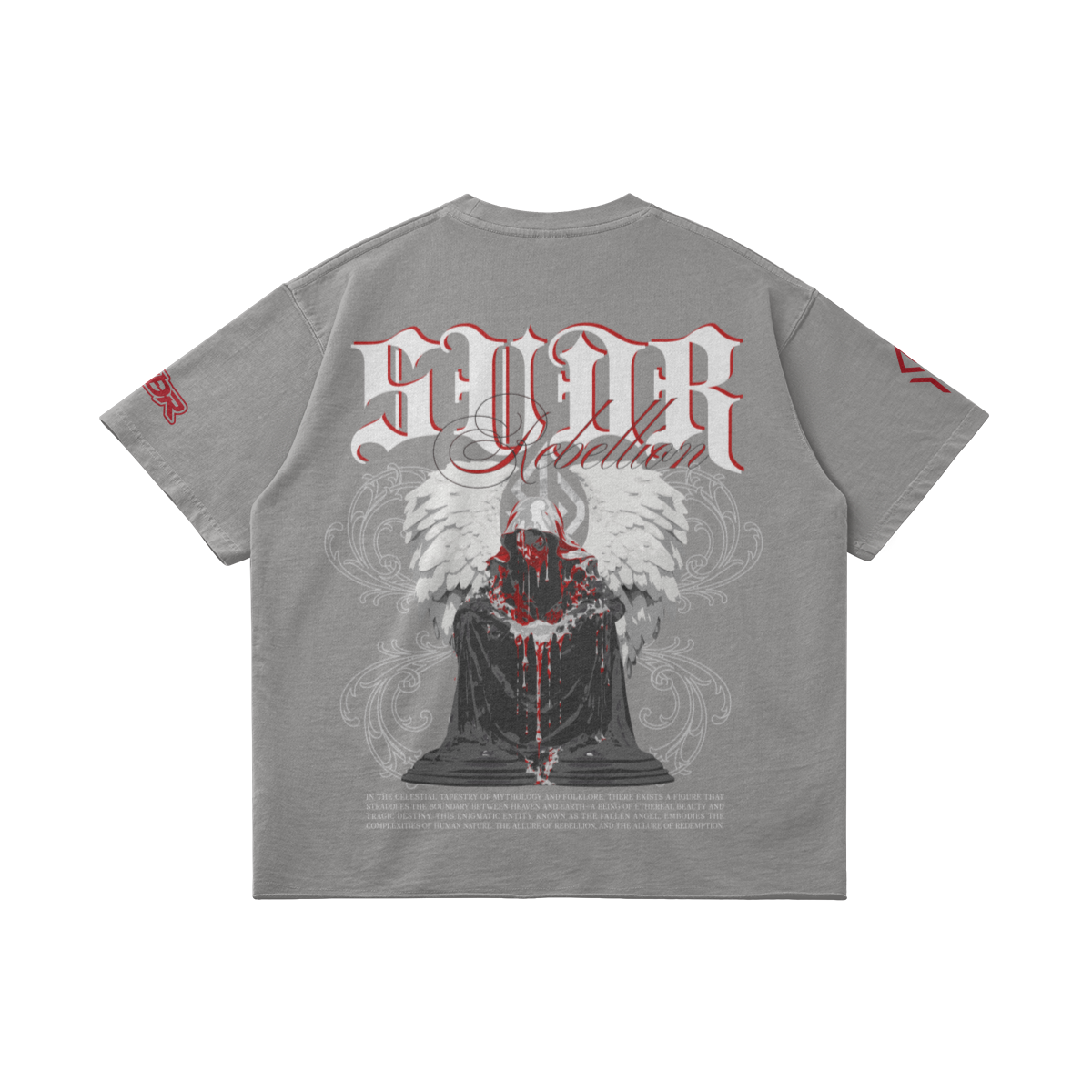 SUÐR REBELLION – Vintage Oversized Tee in Hellgrau, Rückseite liegend, SUÐR in Blackletter über dem knienden Engel in Rot