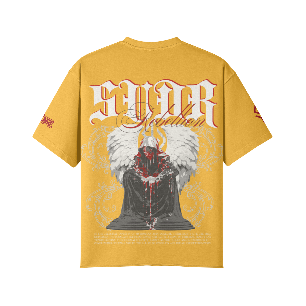 SUÐR REBELLION – Vintage Oversized Tee in Vintage Yellow, Rückseite, SUÐR in Blackletter über dem knienden Engel in Rot