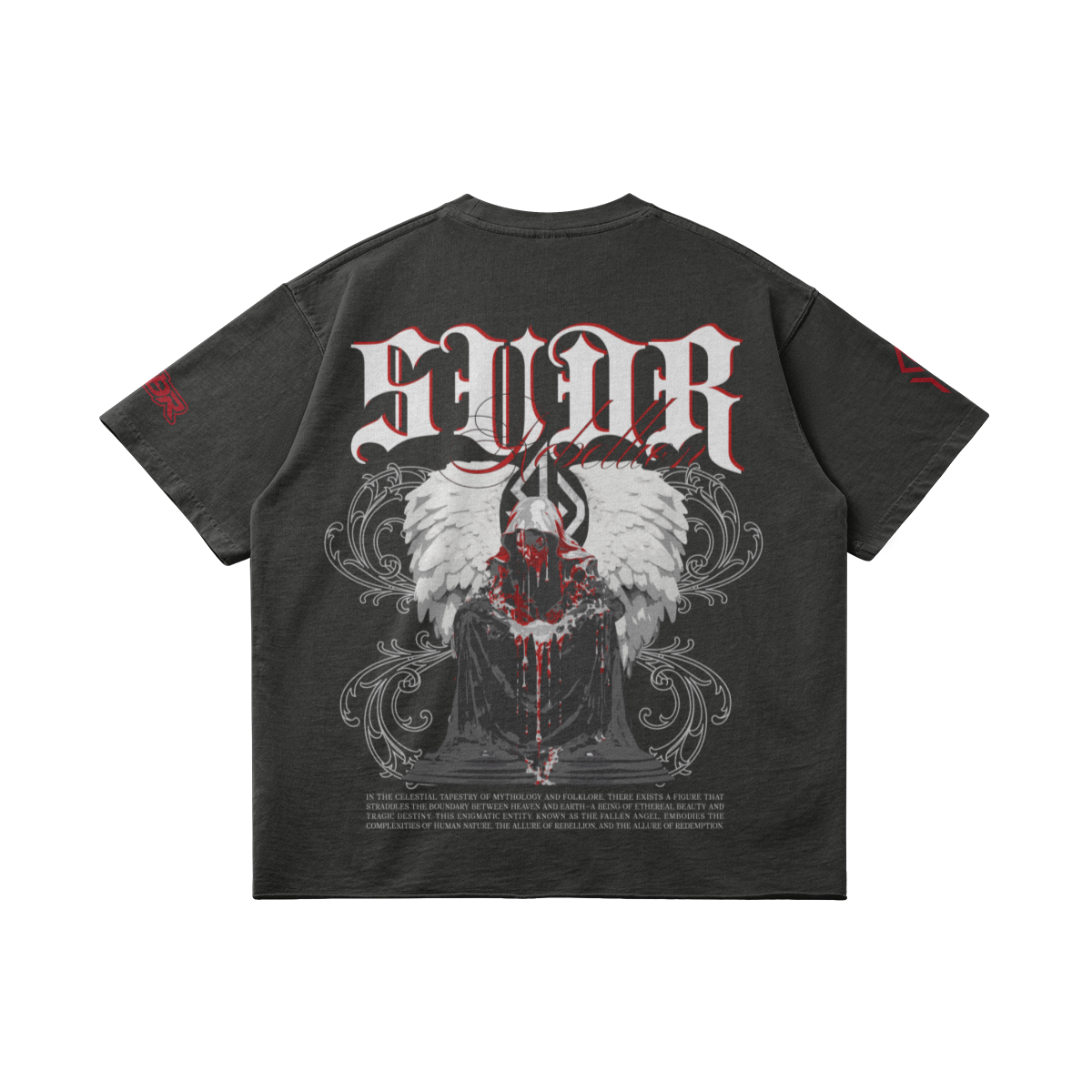 SUÐR REBELLION – Vintage Oversized Tee in Dunkelgrau, Rückseite liegend, SUÐR in Blackletter über dem knienden Engel in Rot