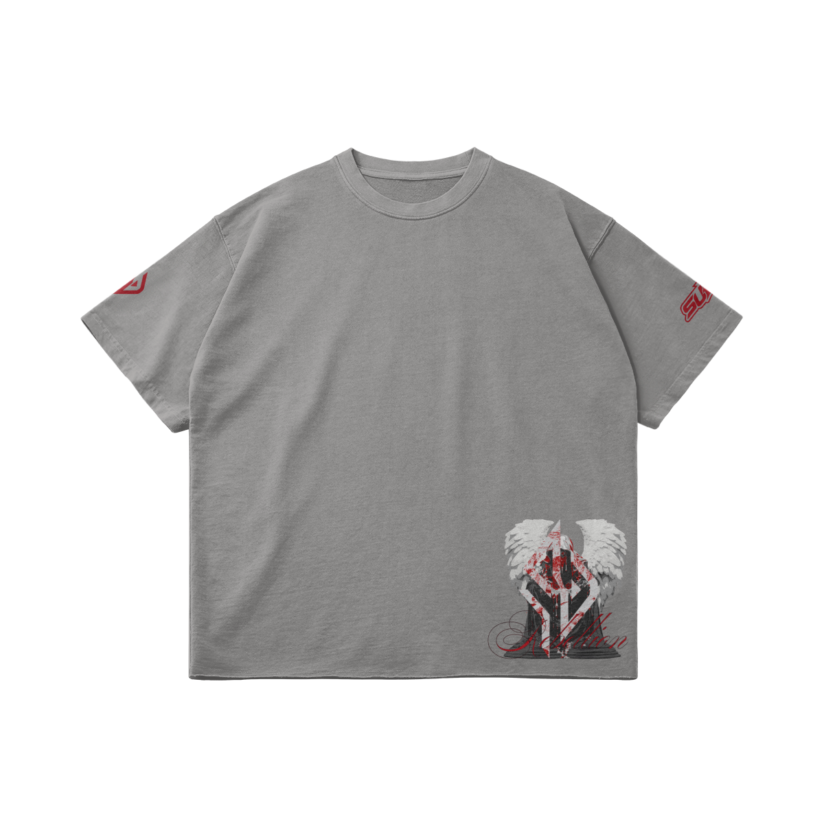 SUÐR REBELLION – Vintage Oversized Tee in Hellgrau, Vorderseite liegend, kleiner Engel am Saum und 07 auf den Ärmeln