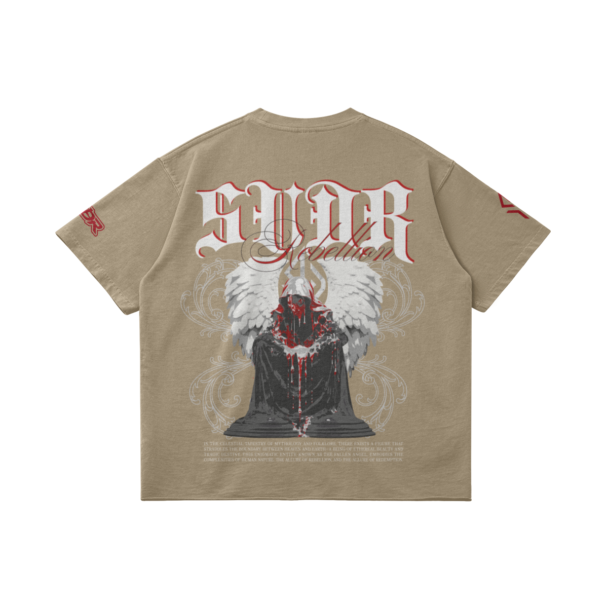 SUÐR REBELLION – Vintage Oversized Tee in Khaki, Rückseite liegend, SUÐR in Blackletter über dem knienden Engel in Rot