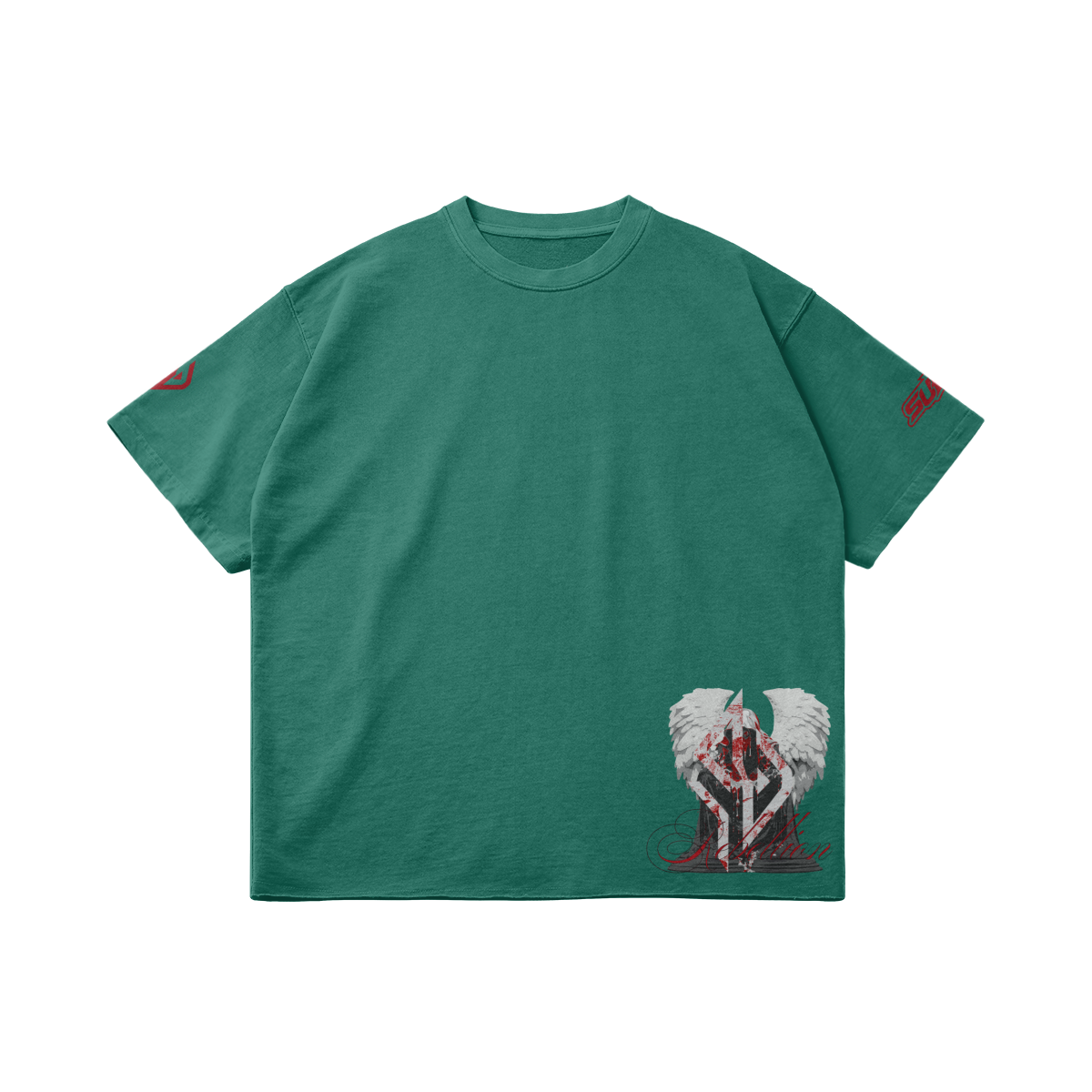 SUÐR REBELLION – Vintage Oversized Tee in Wintergreen Dream, Vorderseite liegend, kleiner Engel am Saum und 07 auf den Ärmeln