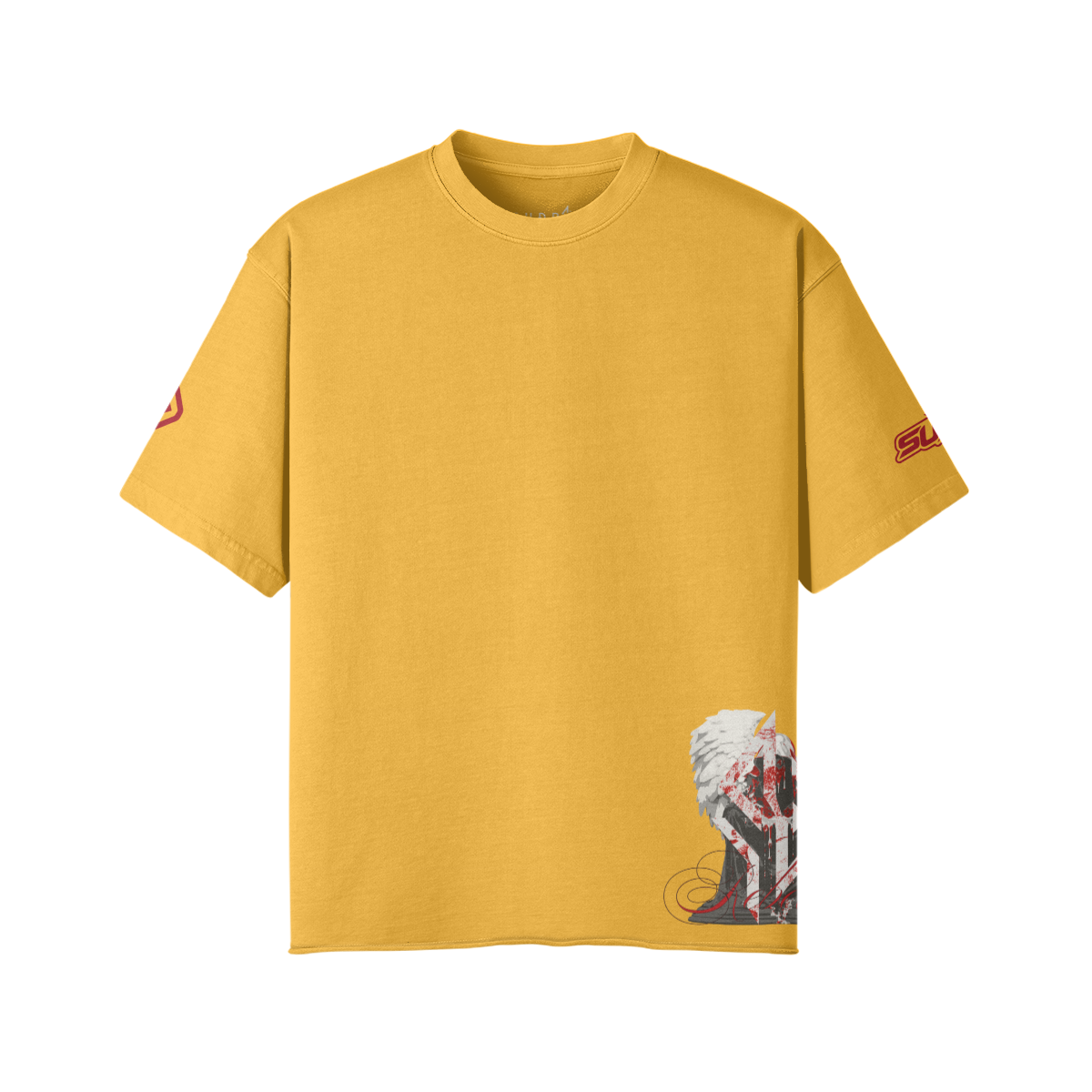 SUÐR REBELLION – Vintage Oversized Tee in Vintage Yellow, Vorderseite mit kleinem Engel am Saum und 07 auf den Ärmeln