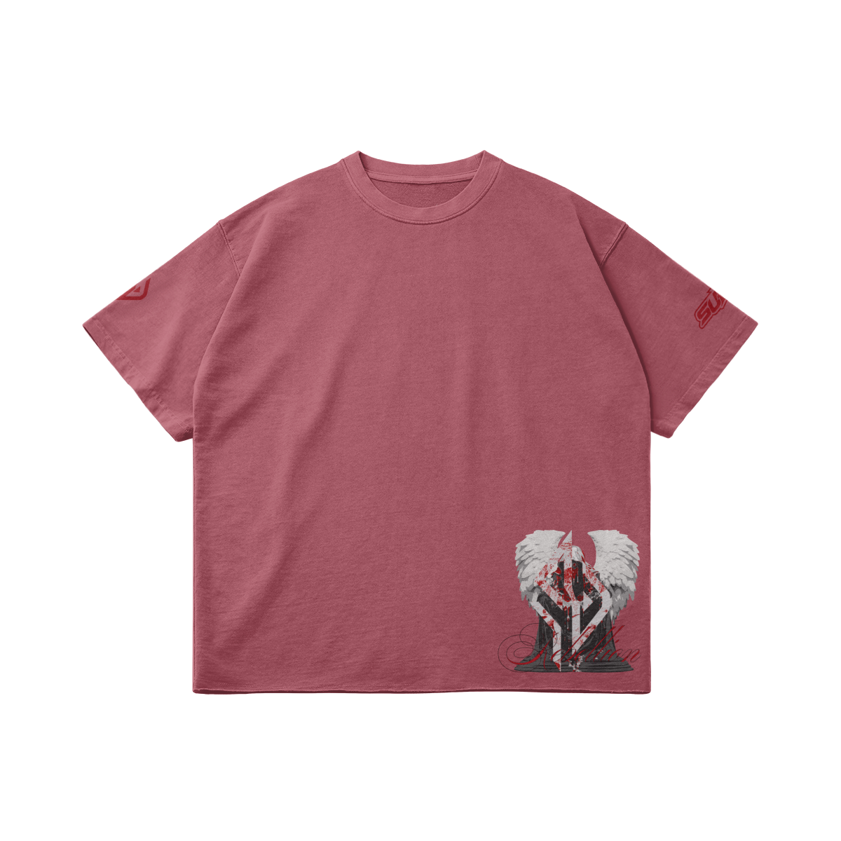 SUÐR REBELLION – Vintage Oversized Tee in Cameo Brown, Vorderseite liegend, kleiner Engel am Saum und 07 auf den Ärmeln