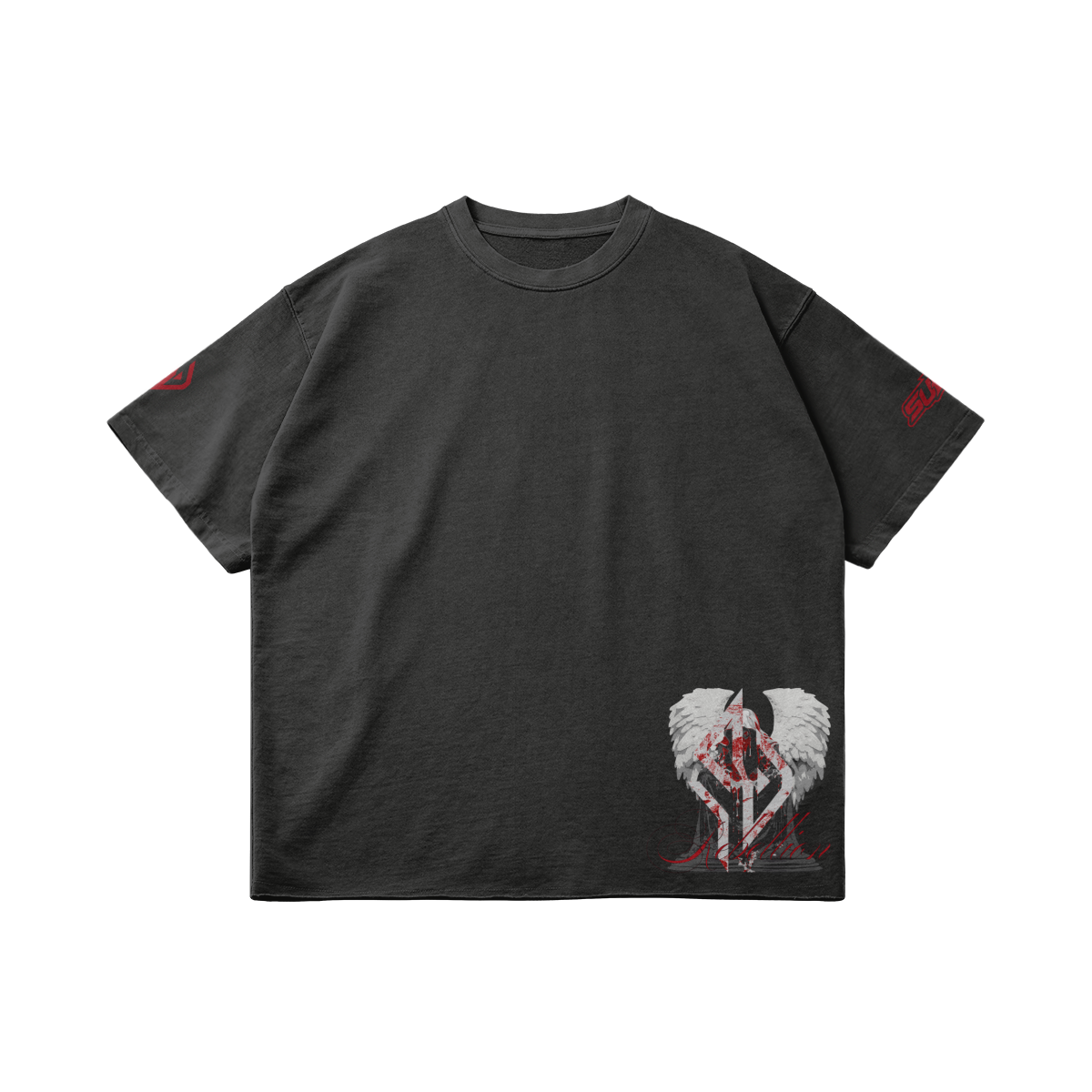 SUÐR REBELLION – Vintage Oversized Tee in Dunkelgrau, Vorderseite liegend, kleiner Engel am Saum und 07 auf den Ärmeln