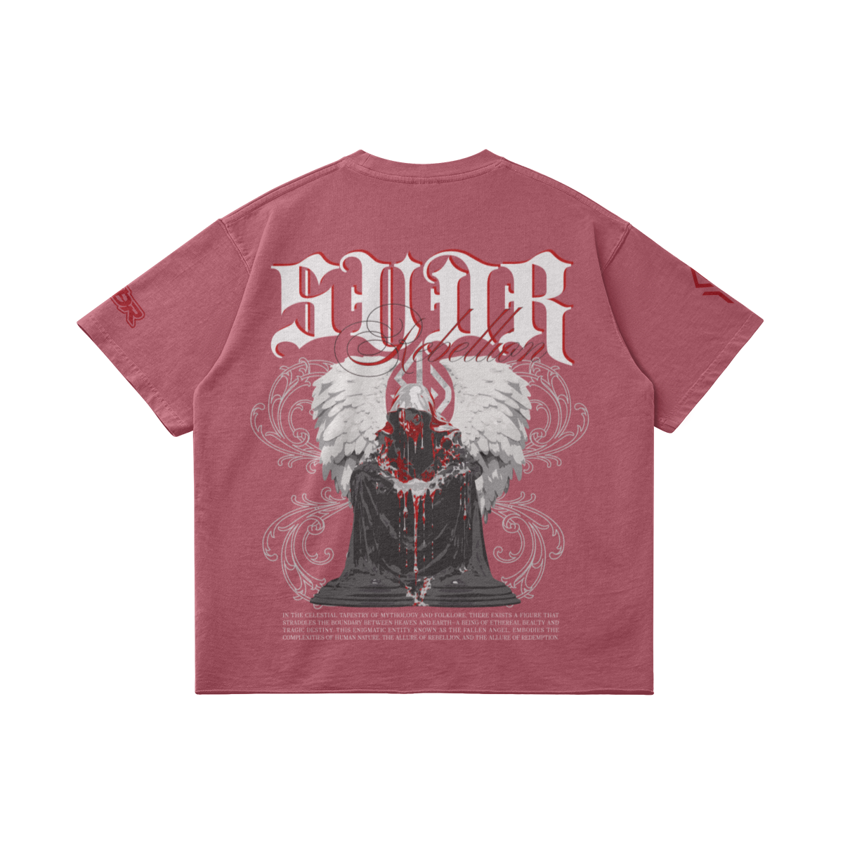 SUÐR REBELLION – Vintage Oversized Tee in Cameo Brown, Rückseite liegend, SUÐR in Blackletter über dem knienden Engel in Rot