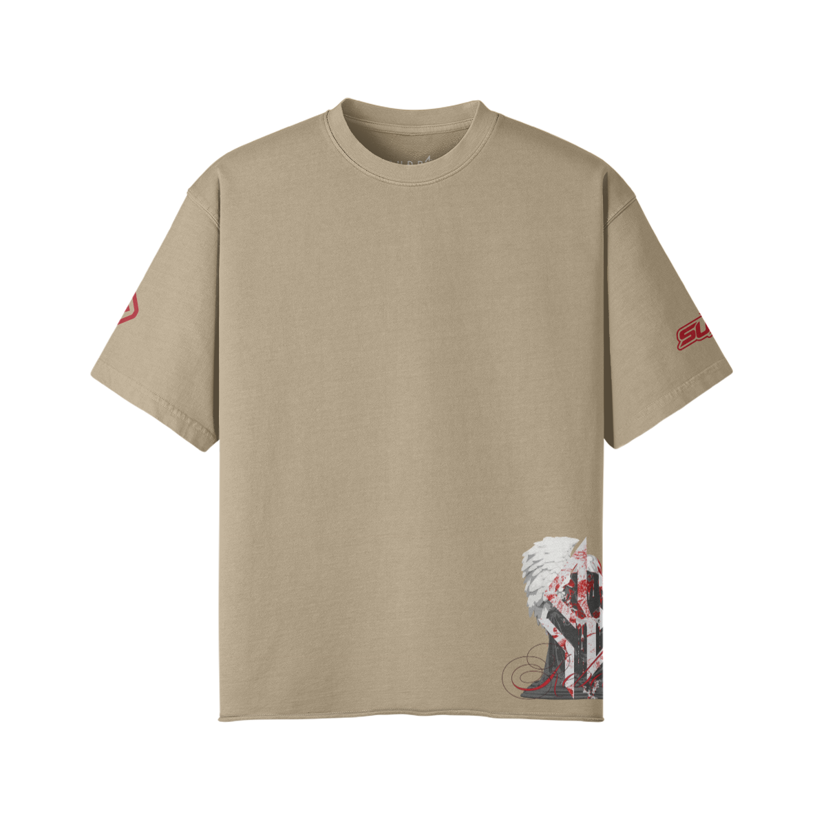 SUÐR REBELLION – Vintage Oversized Tee in Khaki, Vorderseite, kleiner Engel am Saum und 07 auf den Ärmeln