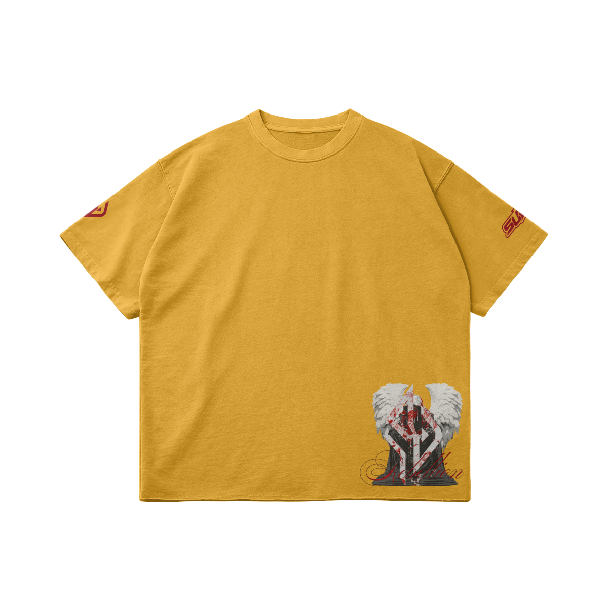 SUÐR REBELLION – Vintage Oversized Tee in Vintage Yellow, Vorderseite liegend, kleiner Engel am Saum und 07 auf den Ärmeln