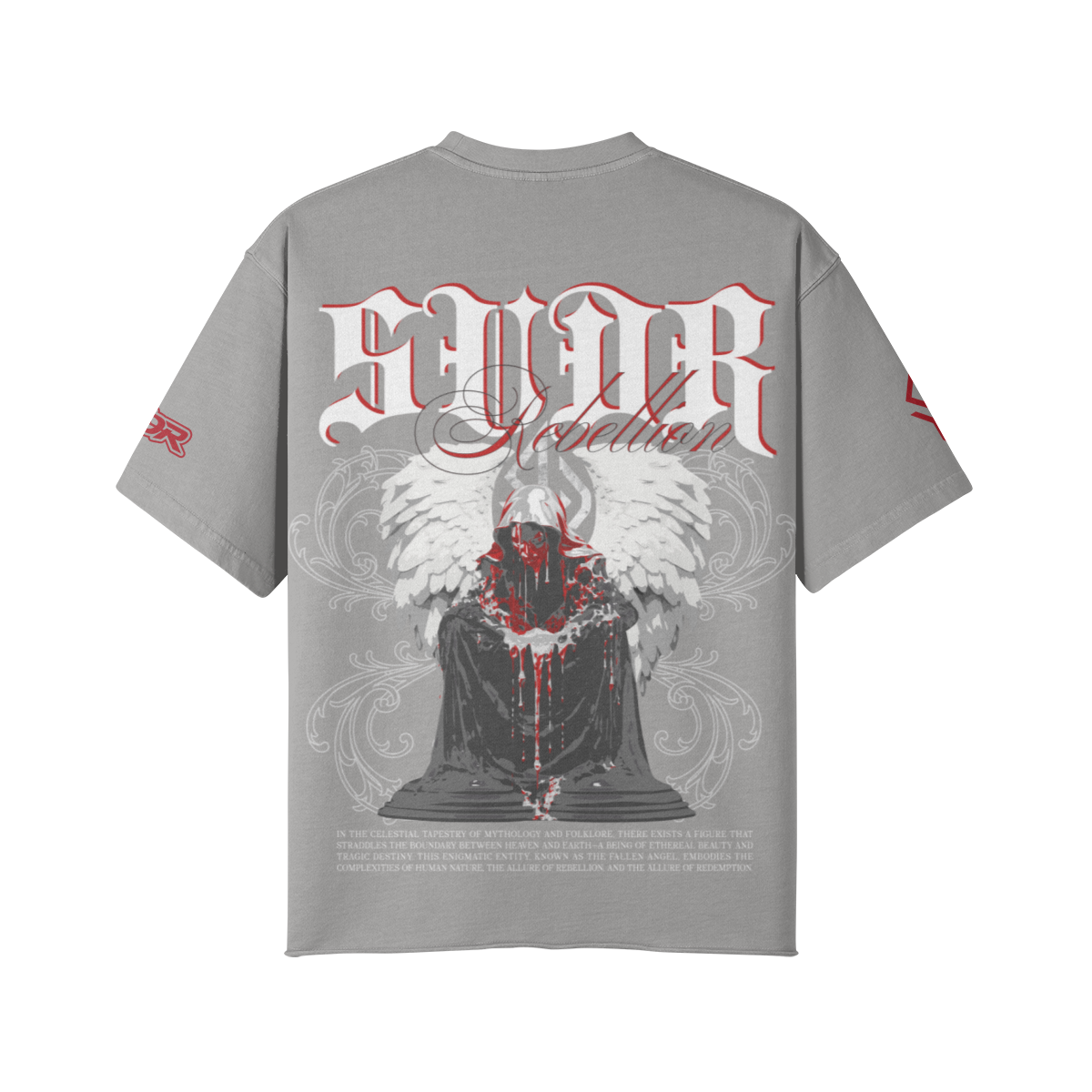SUÐR REBELLION – Vintage Oversized Tee in Hellgrau, Rückseite, SUÐR in Blackletter über dem knienden Engel in Rot