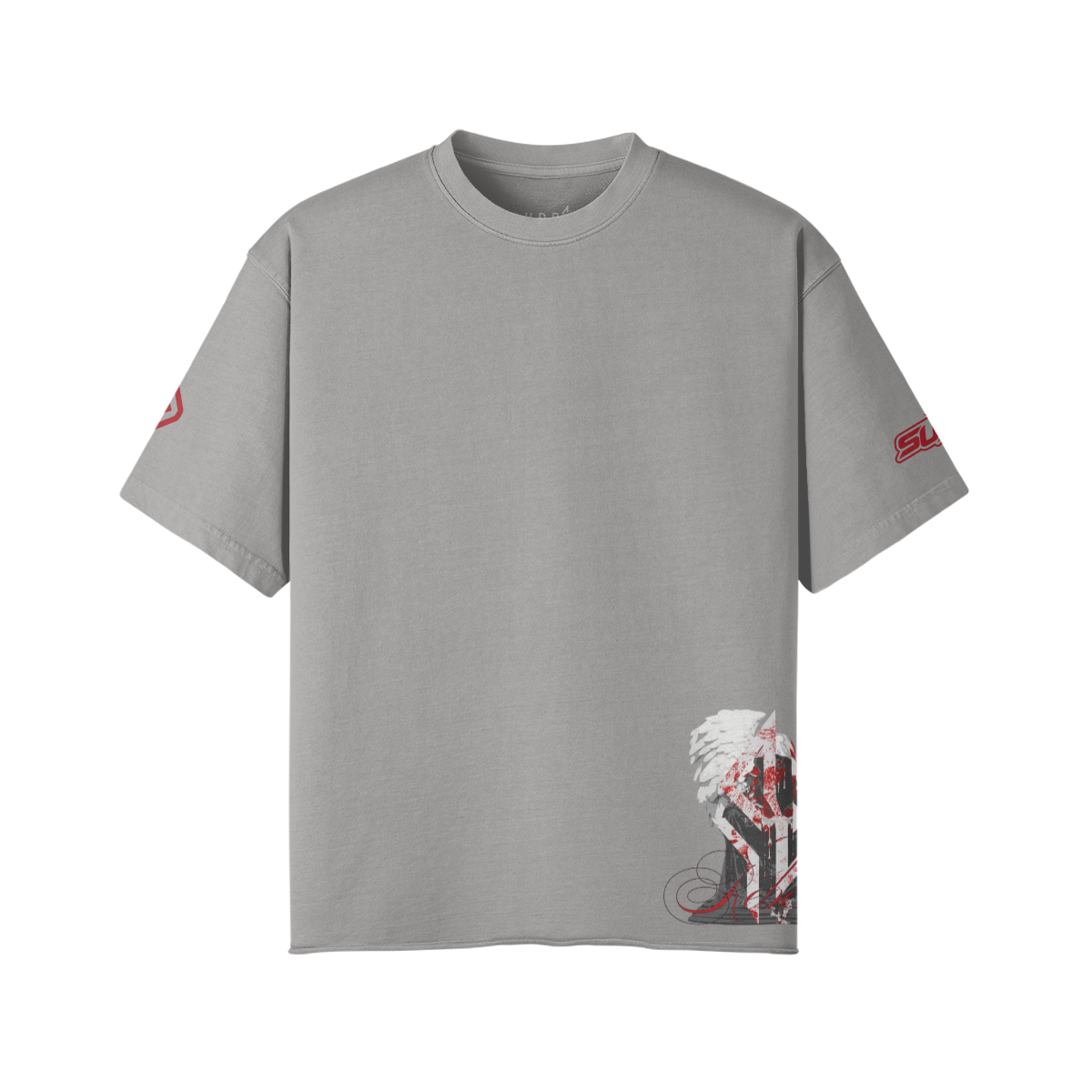 SUÐR REBELLION – Vintage Oversized Tee in Hellgrau, Vorderseite, kleiner Engel am Saum und 07 auf den Ärmeln
