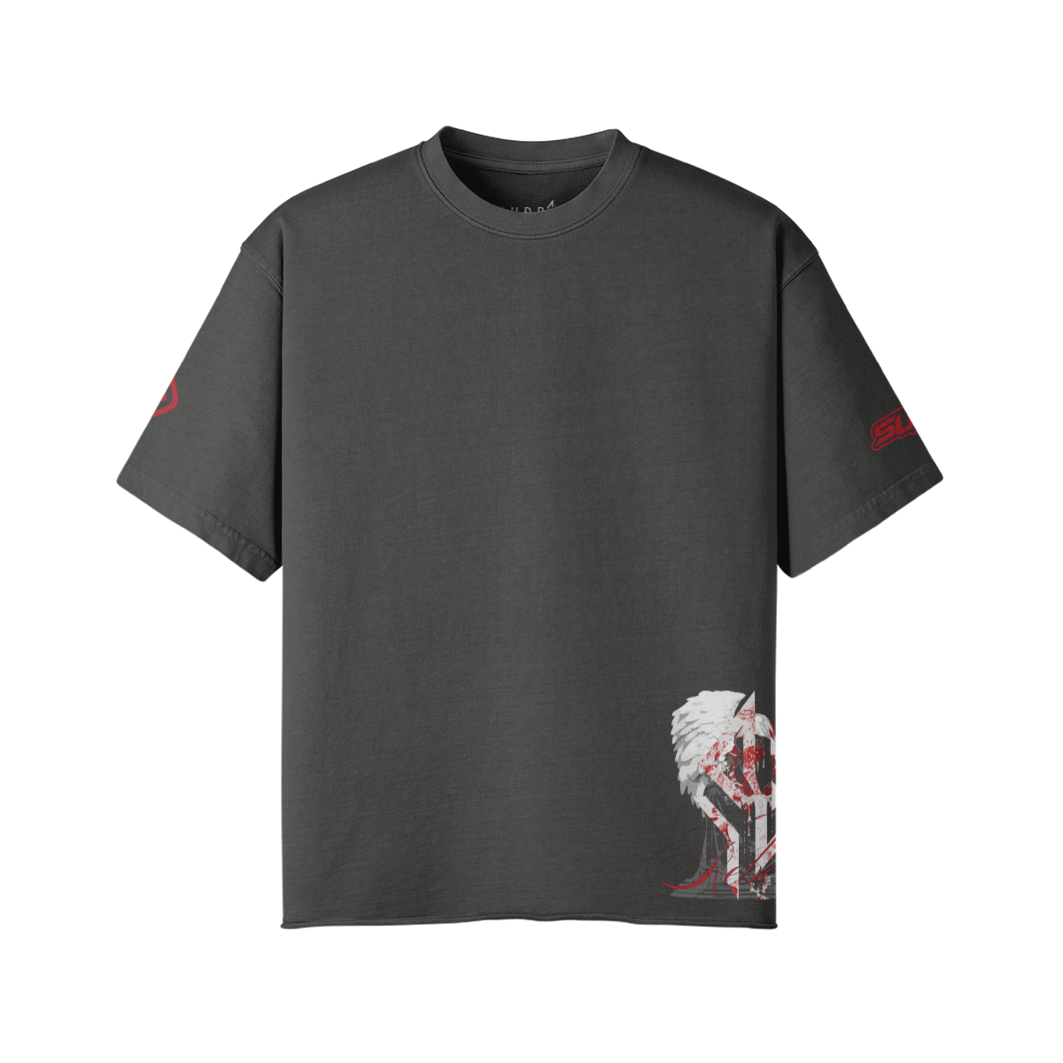SUÐR REBELLION – Vintage Oversized Tee in Dunkelgrau, Vorderseite, kleiner Engel am Saum und 07 auf den Ärmeln
